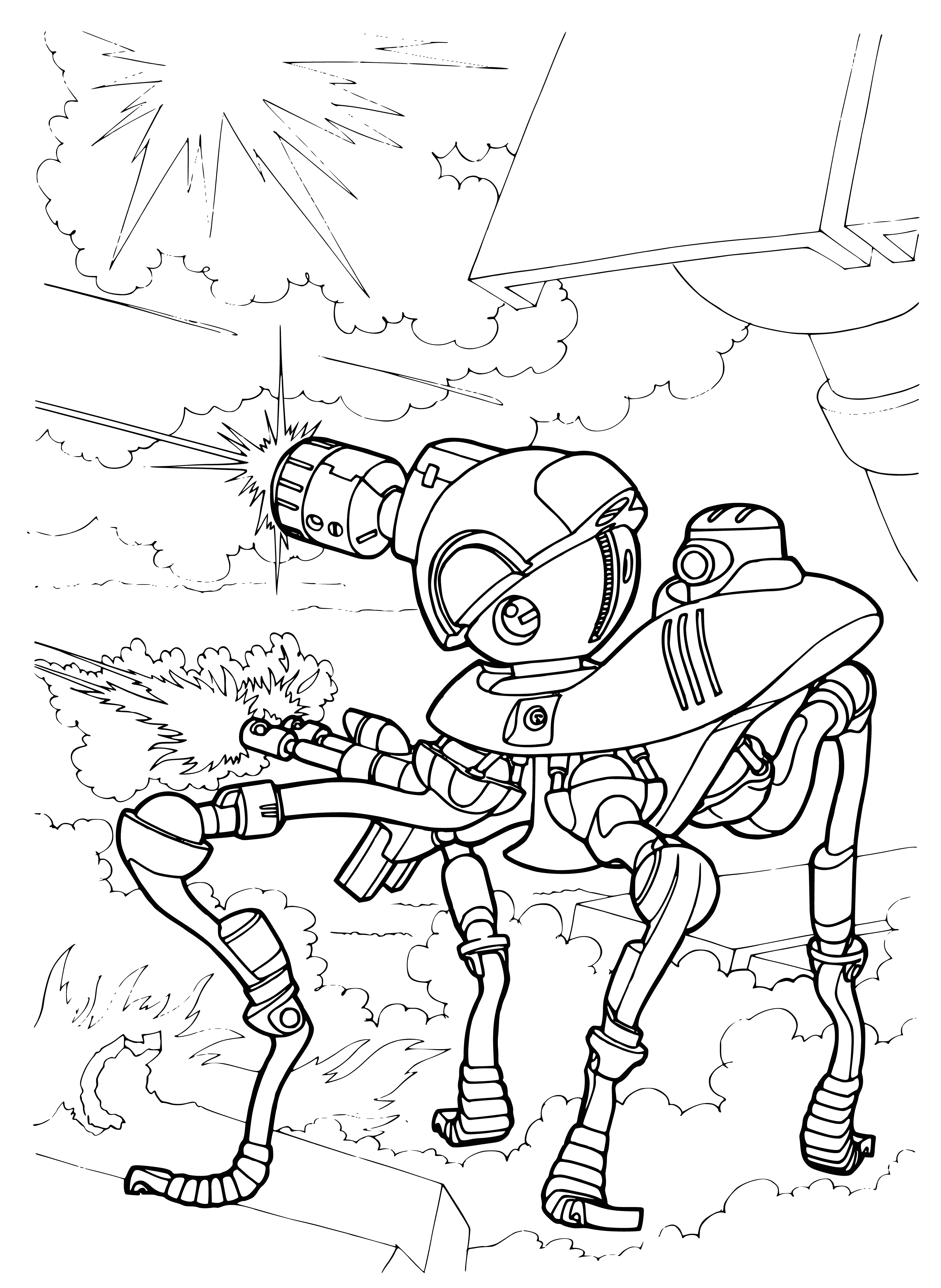 coloring page: Cyborg stands in a battlefield, holding a gun & sword. Background reveals a partially destroyed city.