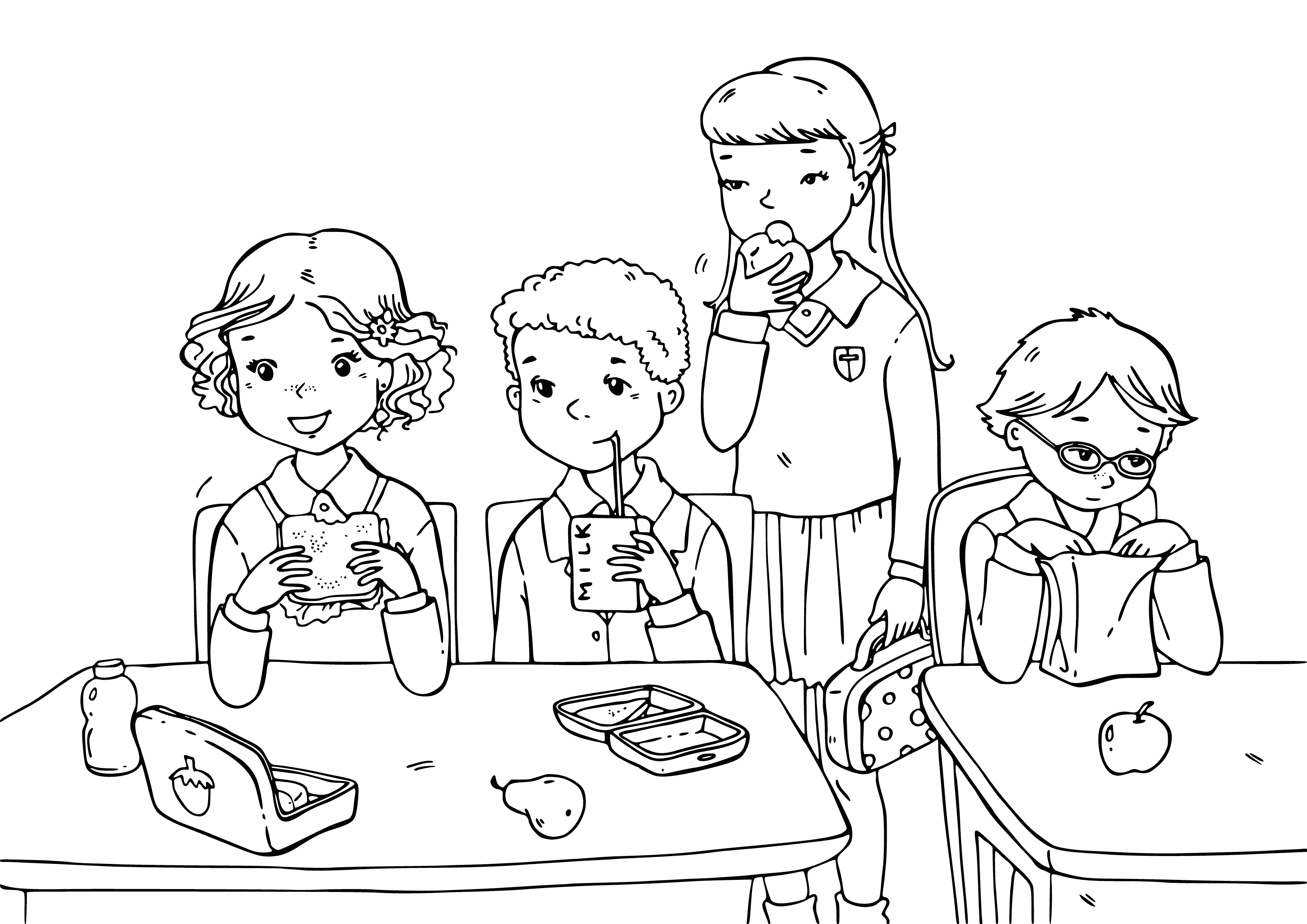 coloring page: 3 children eating breakfast, watching each other in a room filled with school supplies.