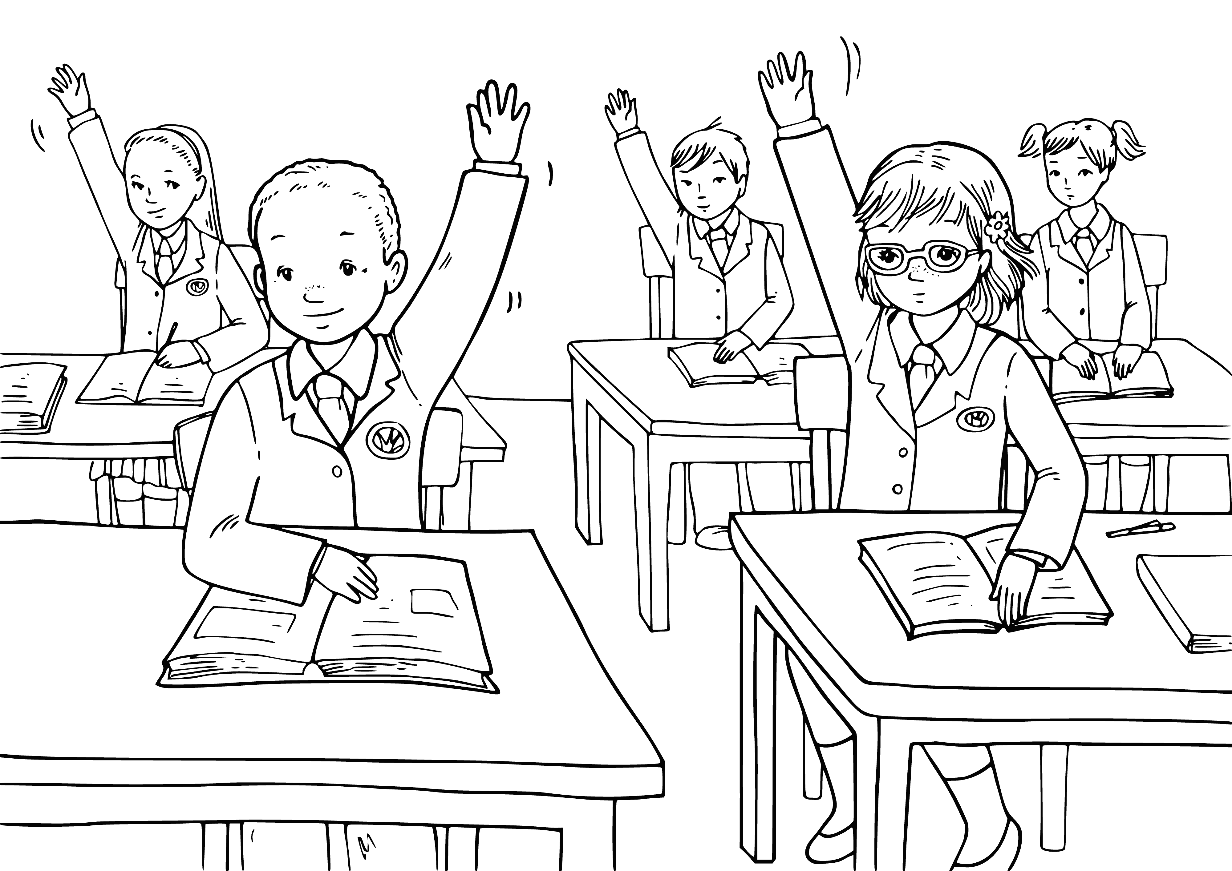 coloring page: Schoolchildren in uniforms are at desks for a lesson about the world on "The Day of Knowledge." Teacher stands at board with pointer.