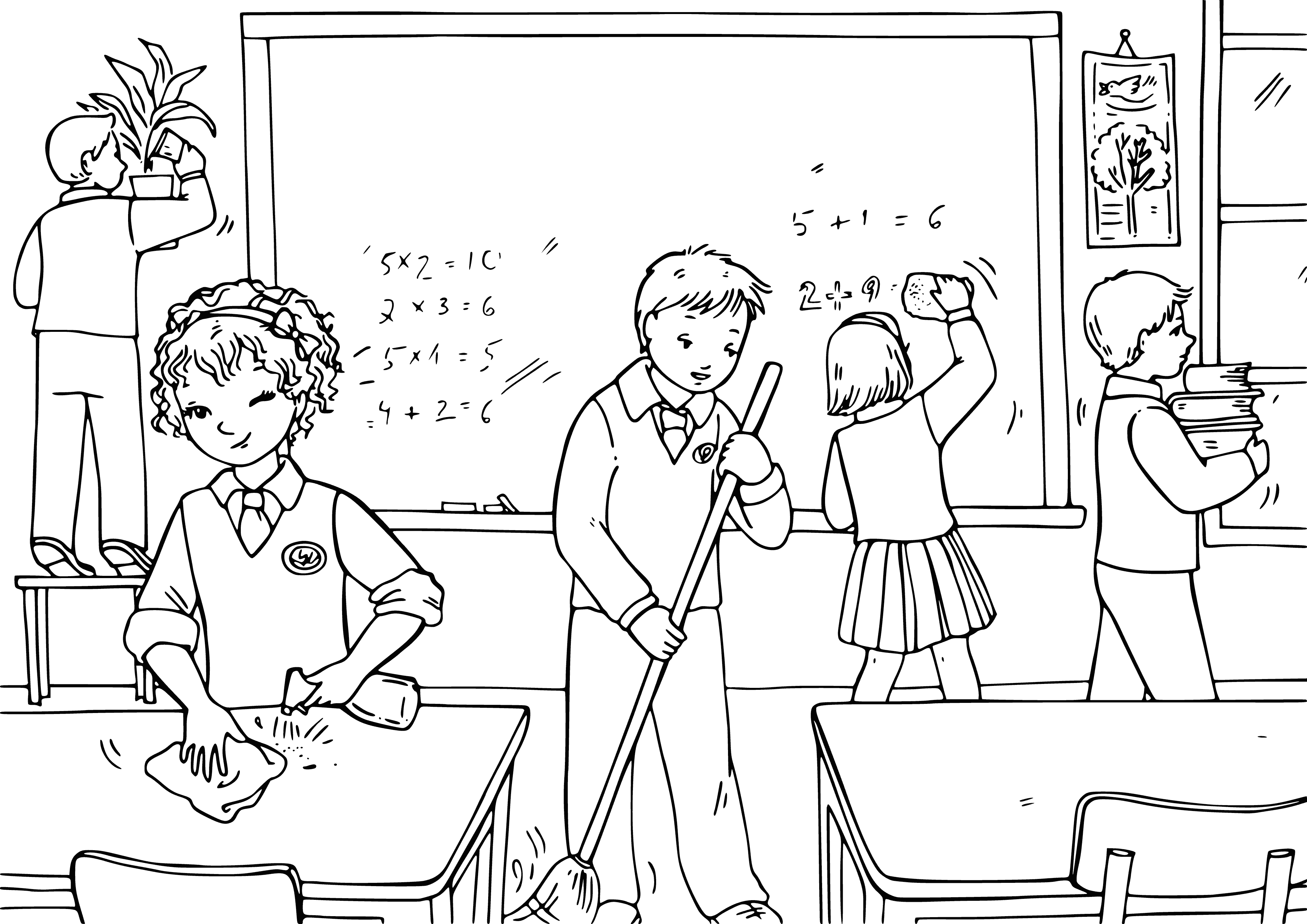 coloring page: Students clean the classroom: floors, tables, blackboard, chairs in place - the room ready for learning on 1 September, the Day of Knowledge.
