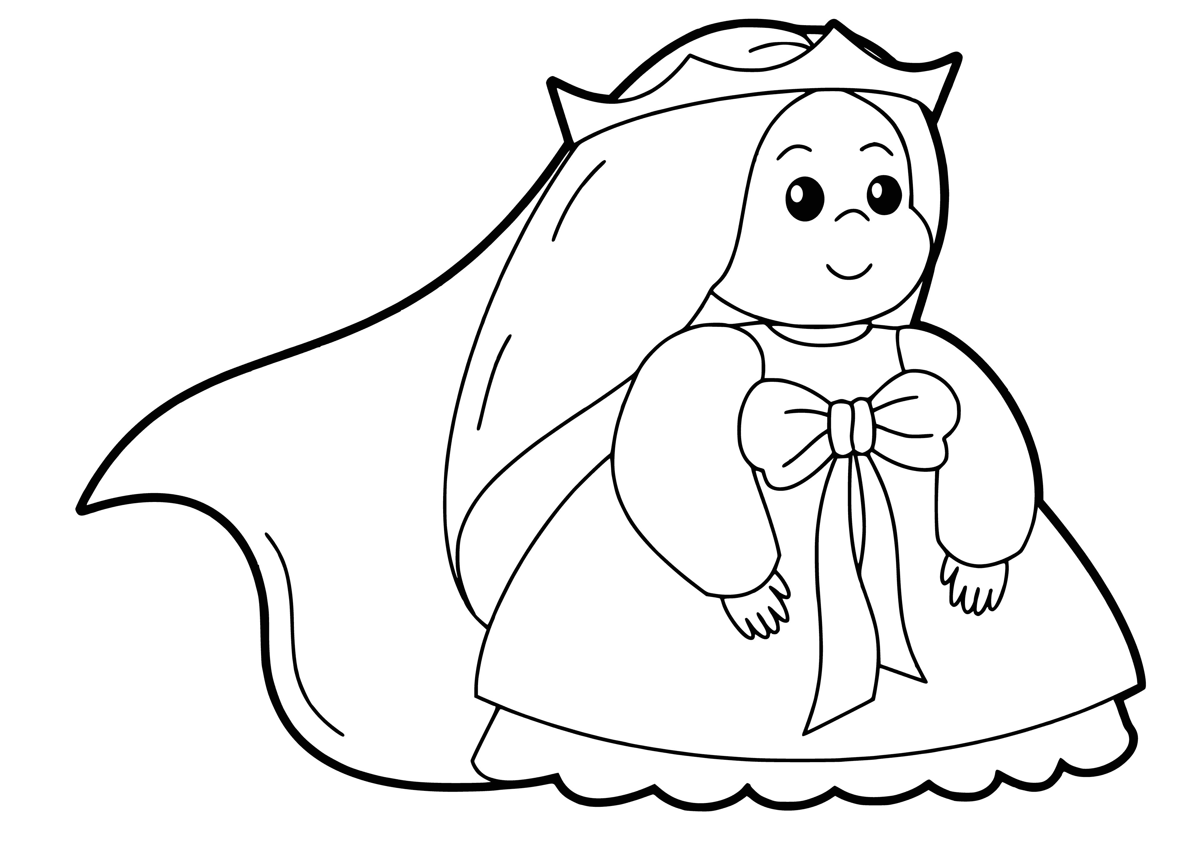 coloring page: Blond-haired girl in a pink dress with a crown stands before a castle.