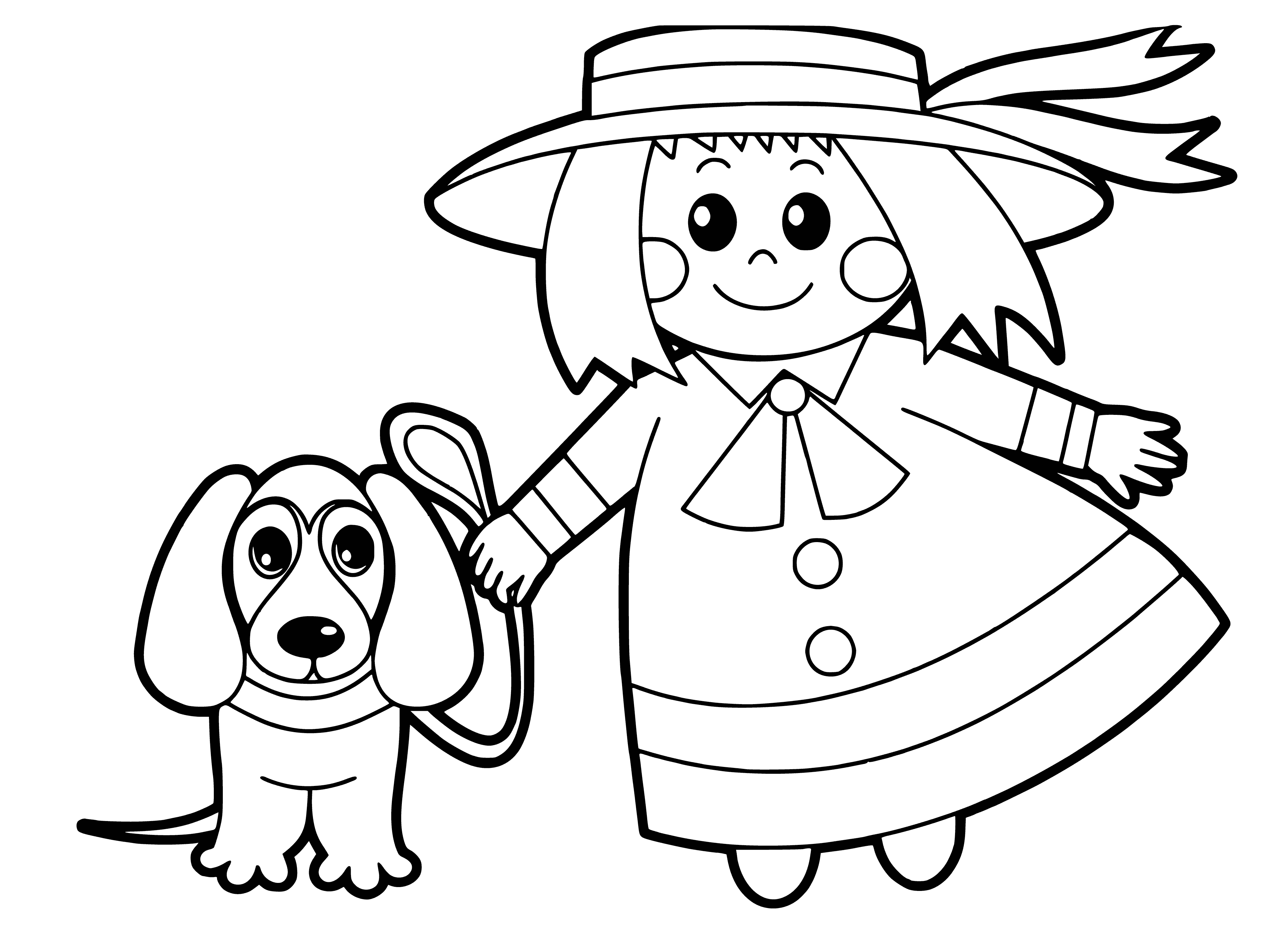 coloring page: Girl & dog playing together, having a great time; laughter & leaps fill the air.