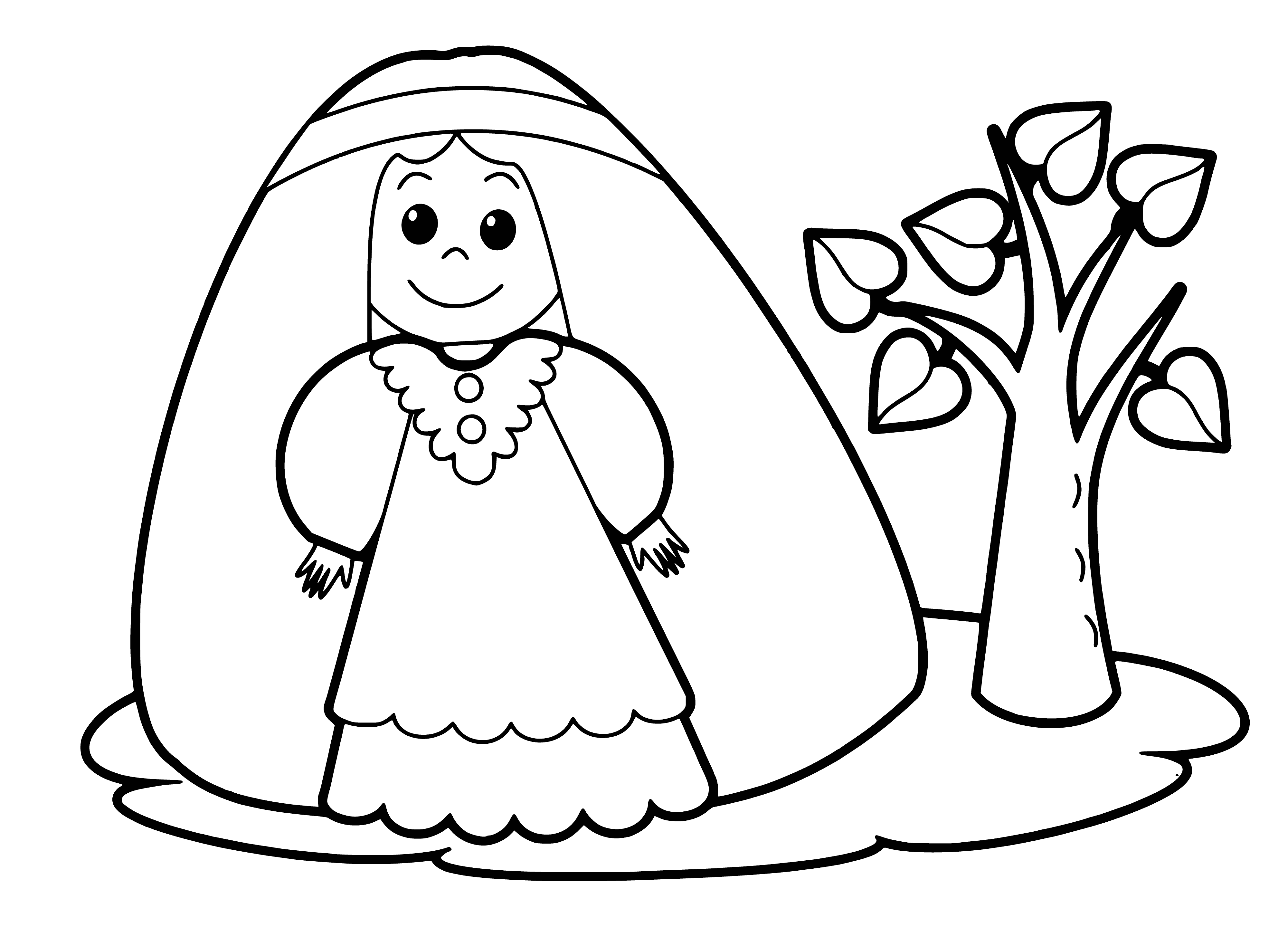 coloring page: Girl in white dress with blue bow admires tree in coloring page.