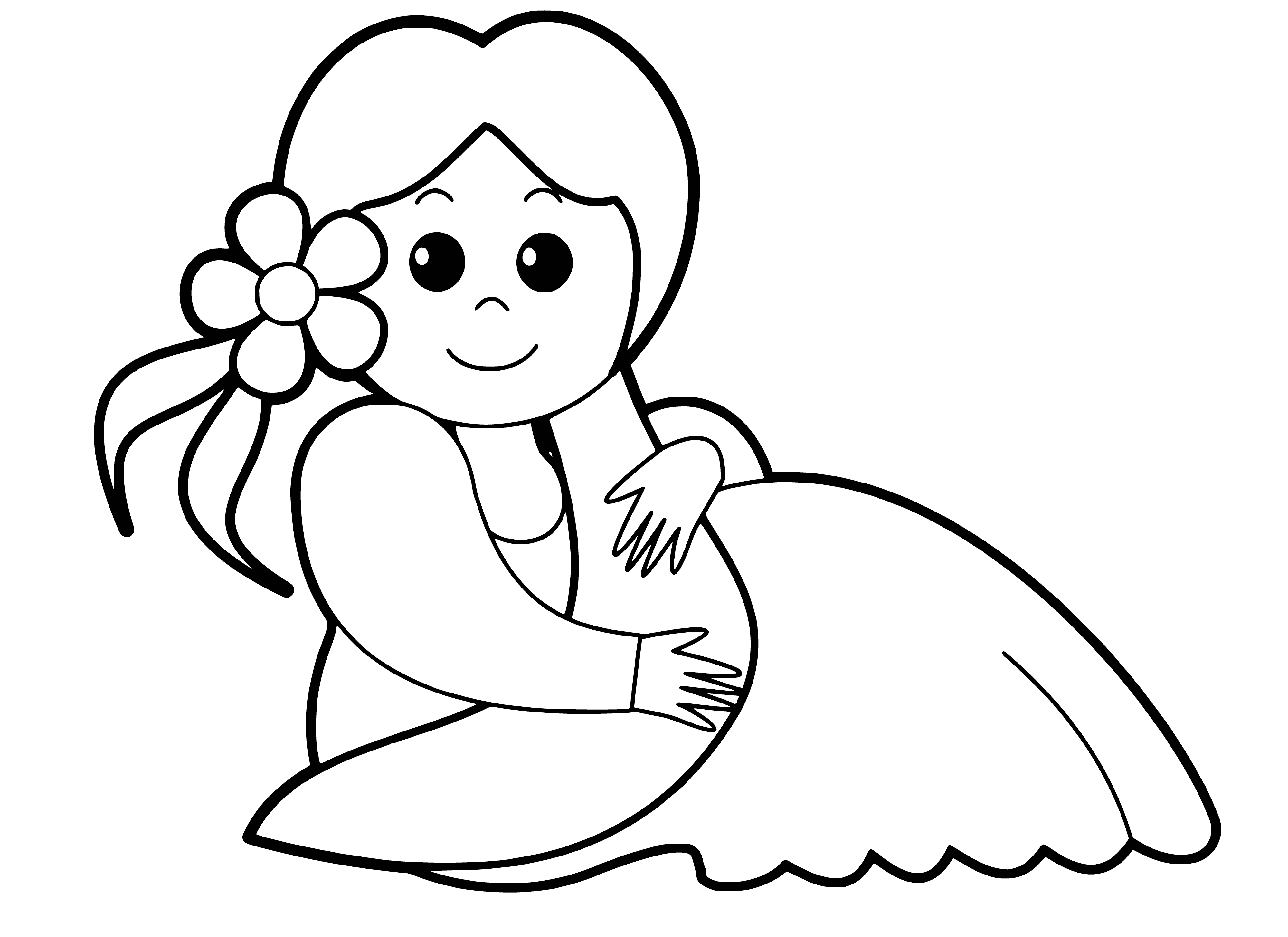 coloring page: Girl stands in garden, smiling & holding flower; long hair blowing in wind. #summer #happy.