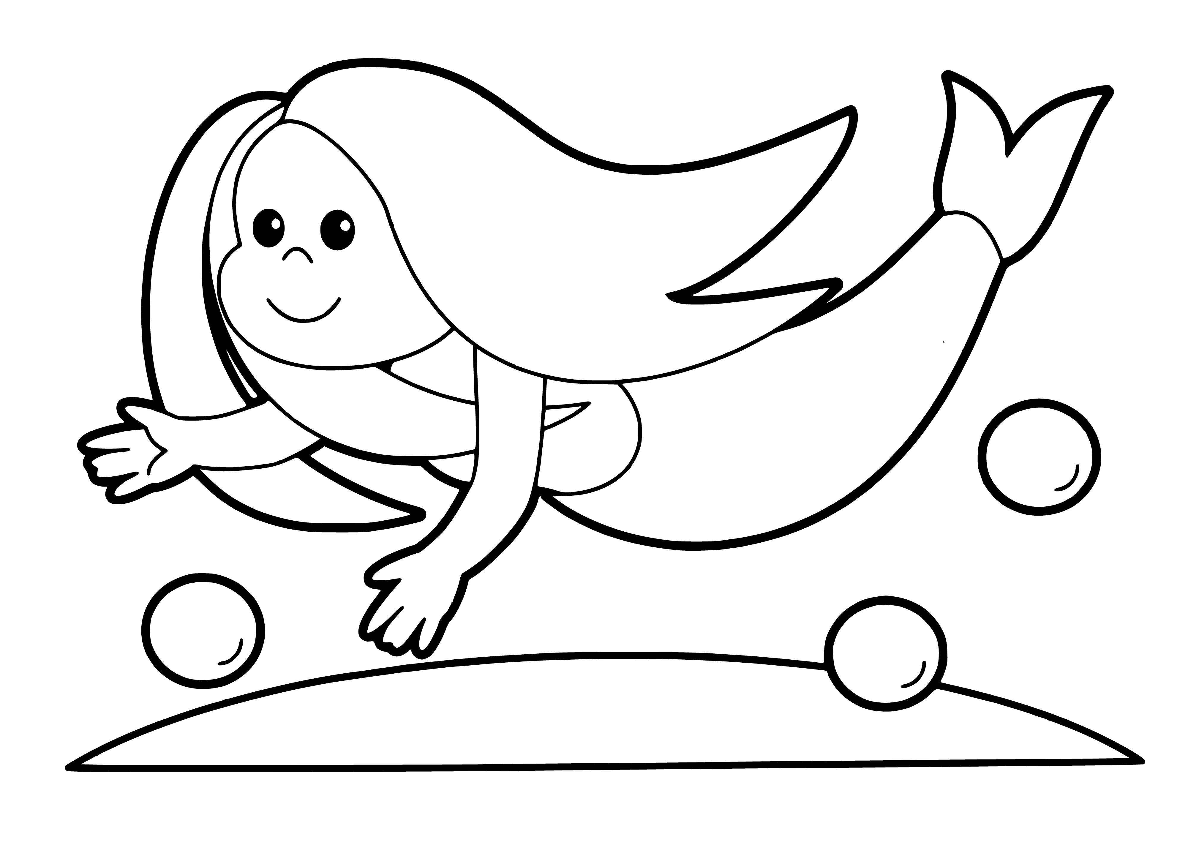 coloring page: Mermaid with flowing blonde hair and colorful tail holds a conch shell to her ear, with a coral reef of colorful fish in the background.