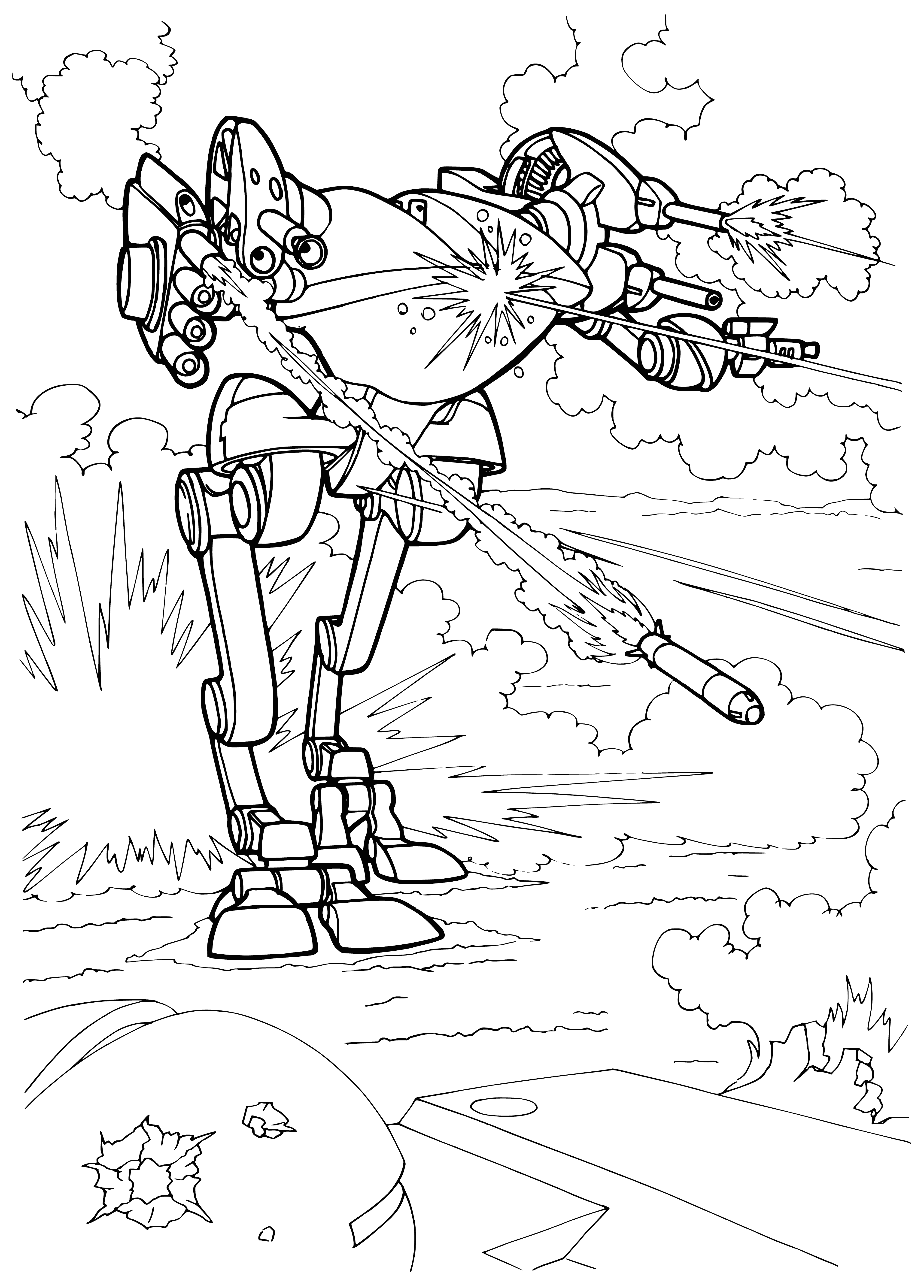 coloring page: Future wars fought by powerful, flying robots armed with lasers & plasma guns; able to withstand & attack enemy targets from a distance.