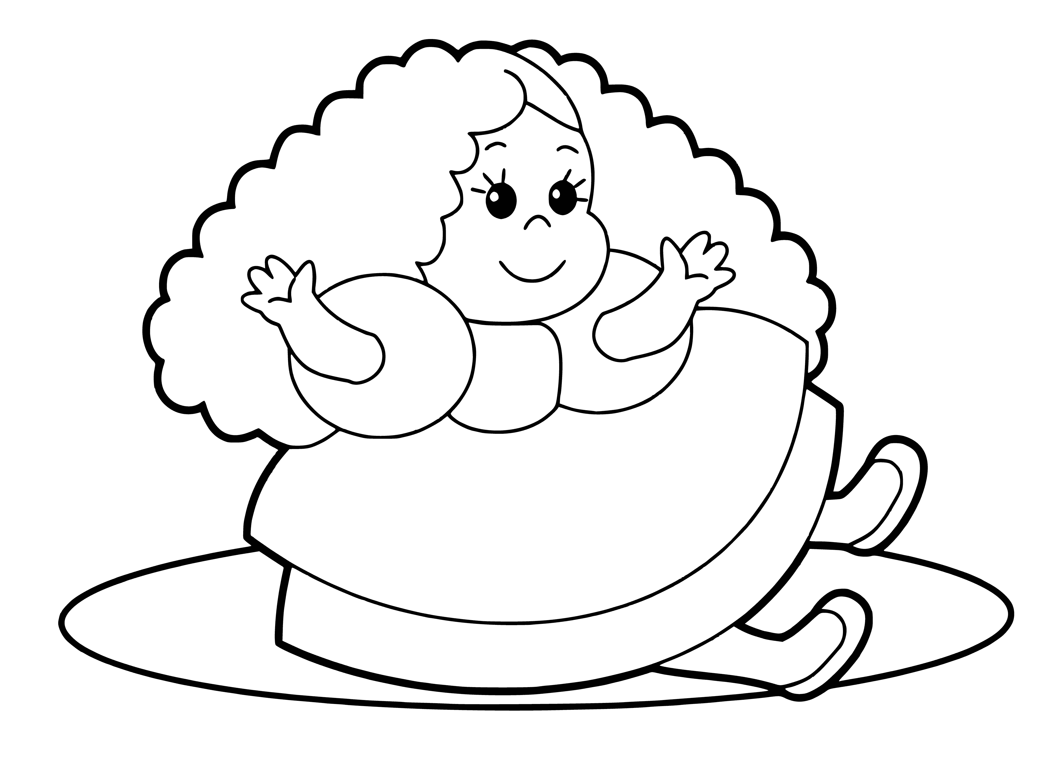 coloring page: Smiling girl in white dress with blue ribbon holds a white bear. Blonde ponytail. Happy and content.