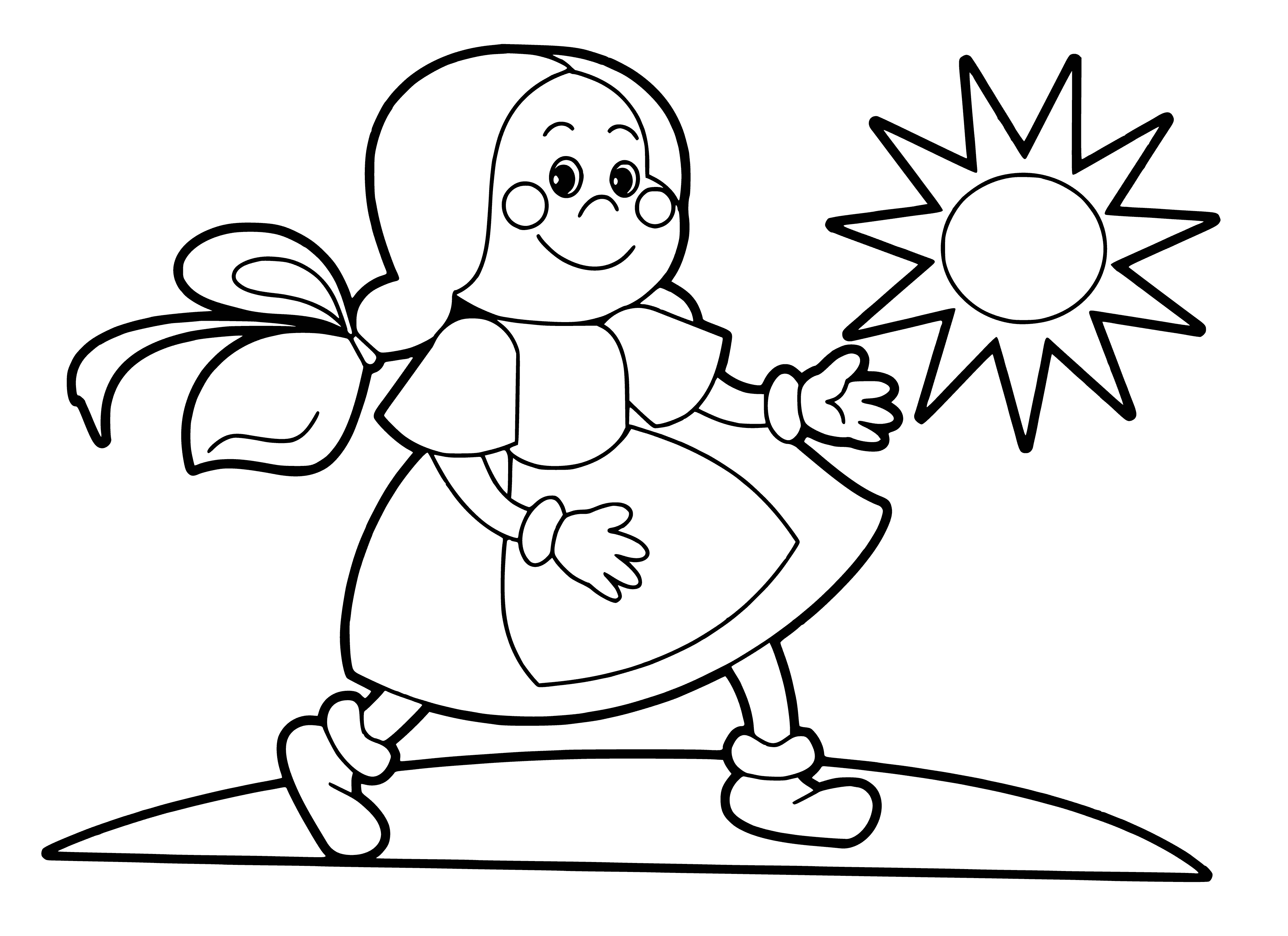 coloring page: Little girl plays outside on sunny day, surrounded by flowers & trees. #summerfun