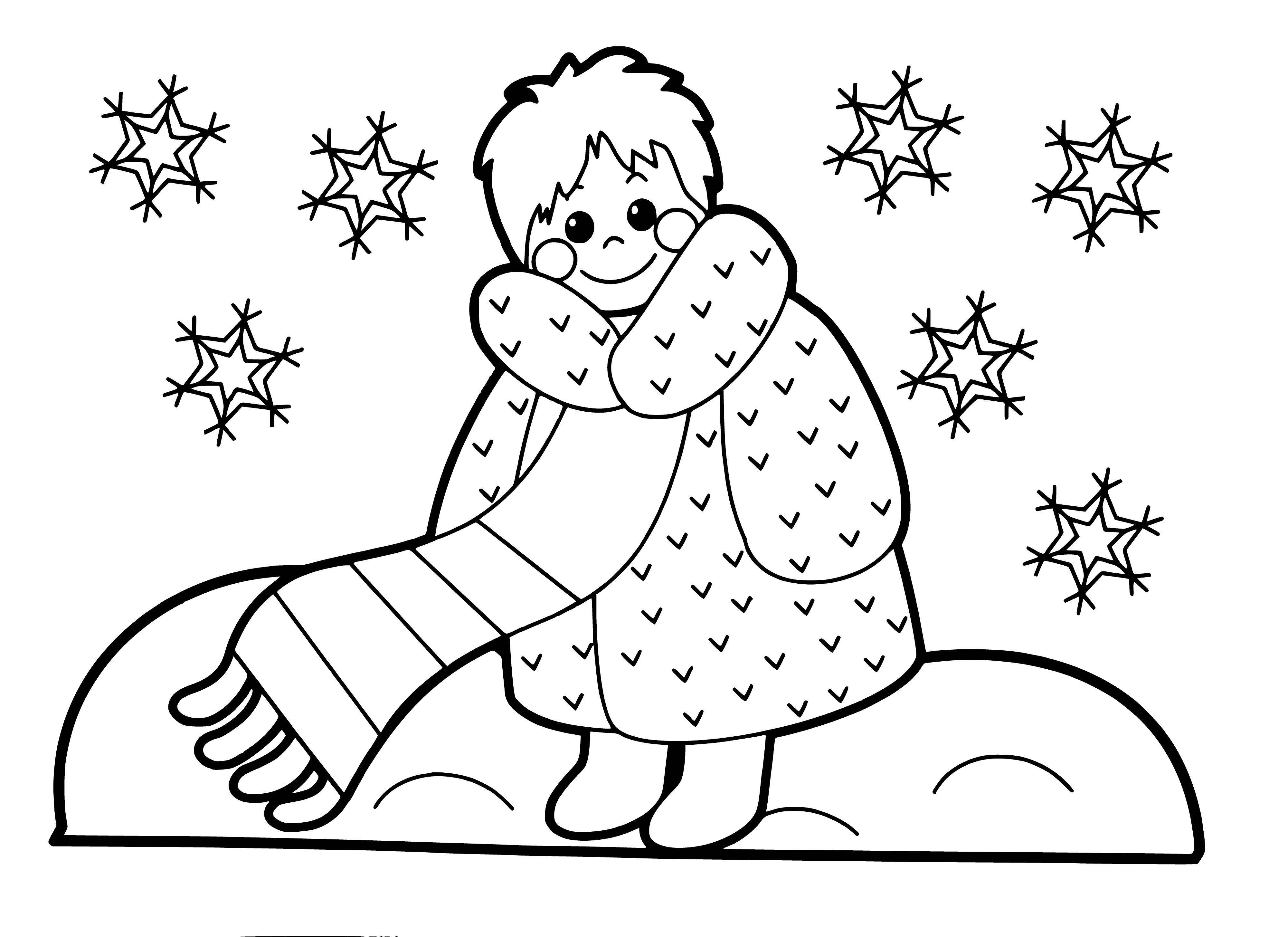 coloring page: Girl dressed for Winter happily standing outside despite the chill.
