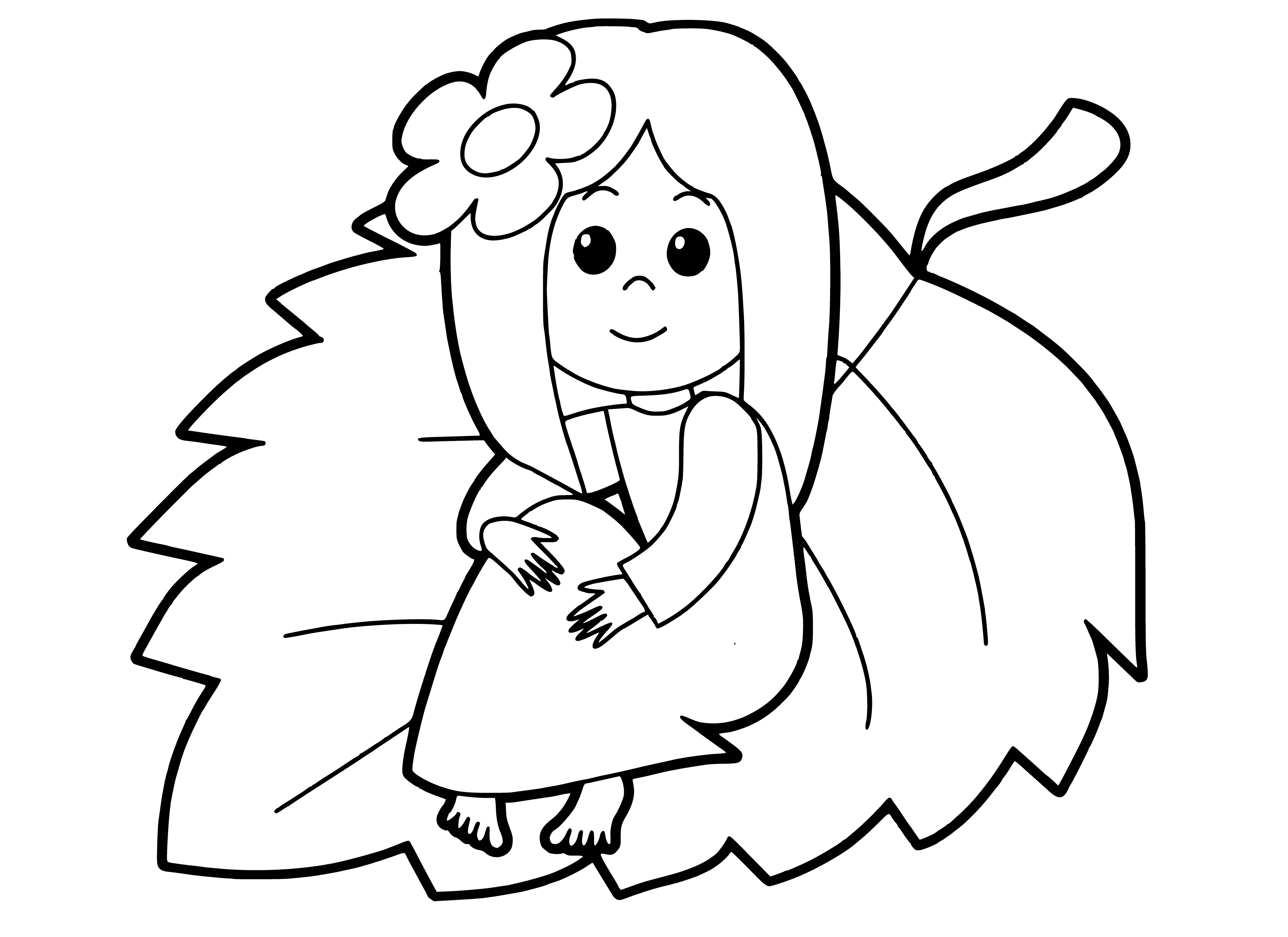 coloring page: Girl in yellow dress holds teddy bear, green-white striped hat w/ red bow. Pale blue background, white clouds.