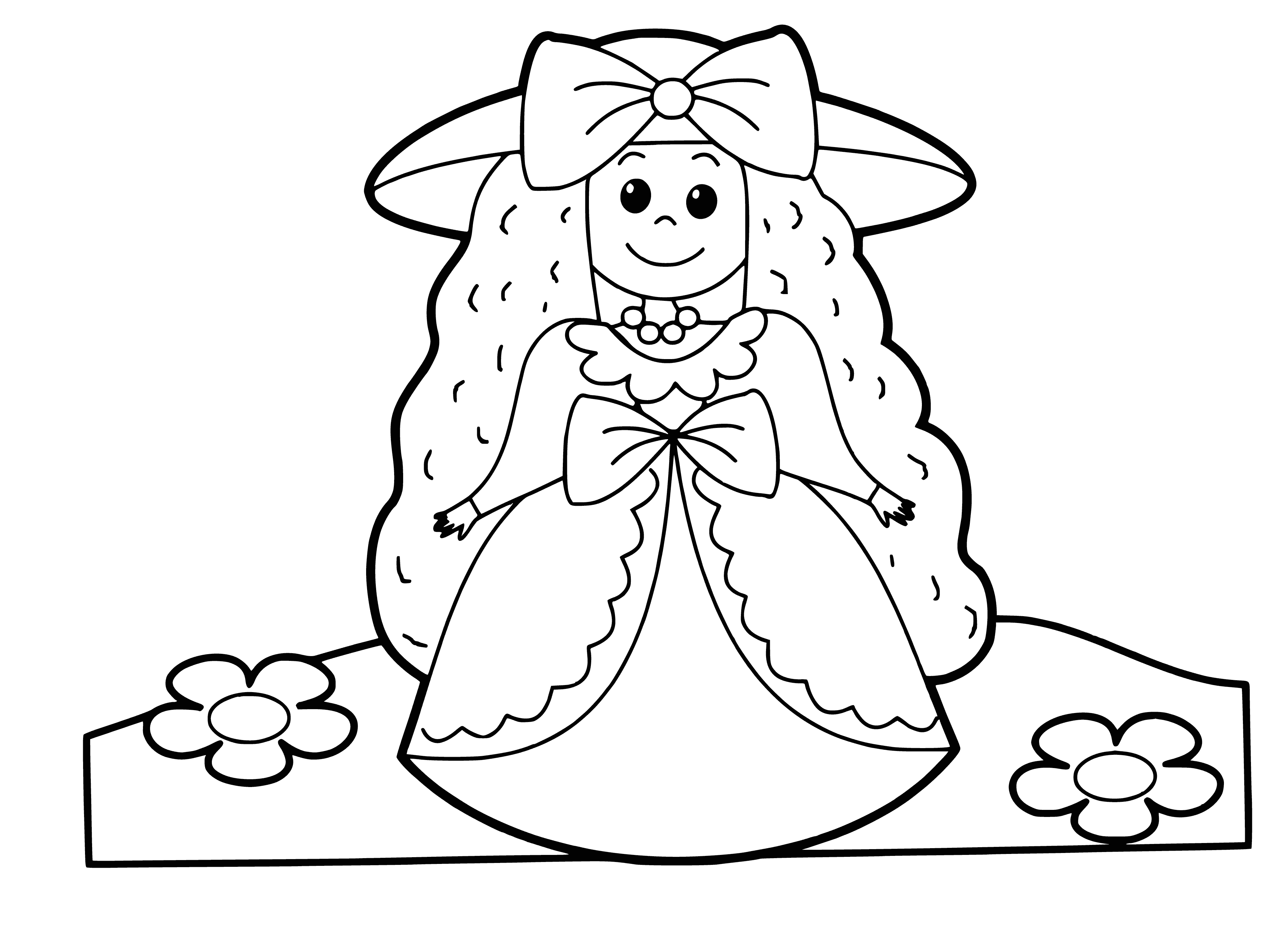 coloring page: Young girl sits in front of a mirror holding a hat, hair pulled back, wearing white shirt & black skirt.