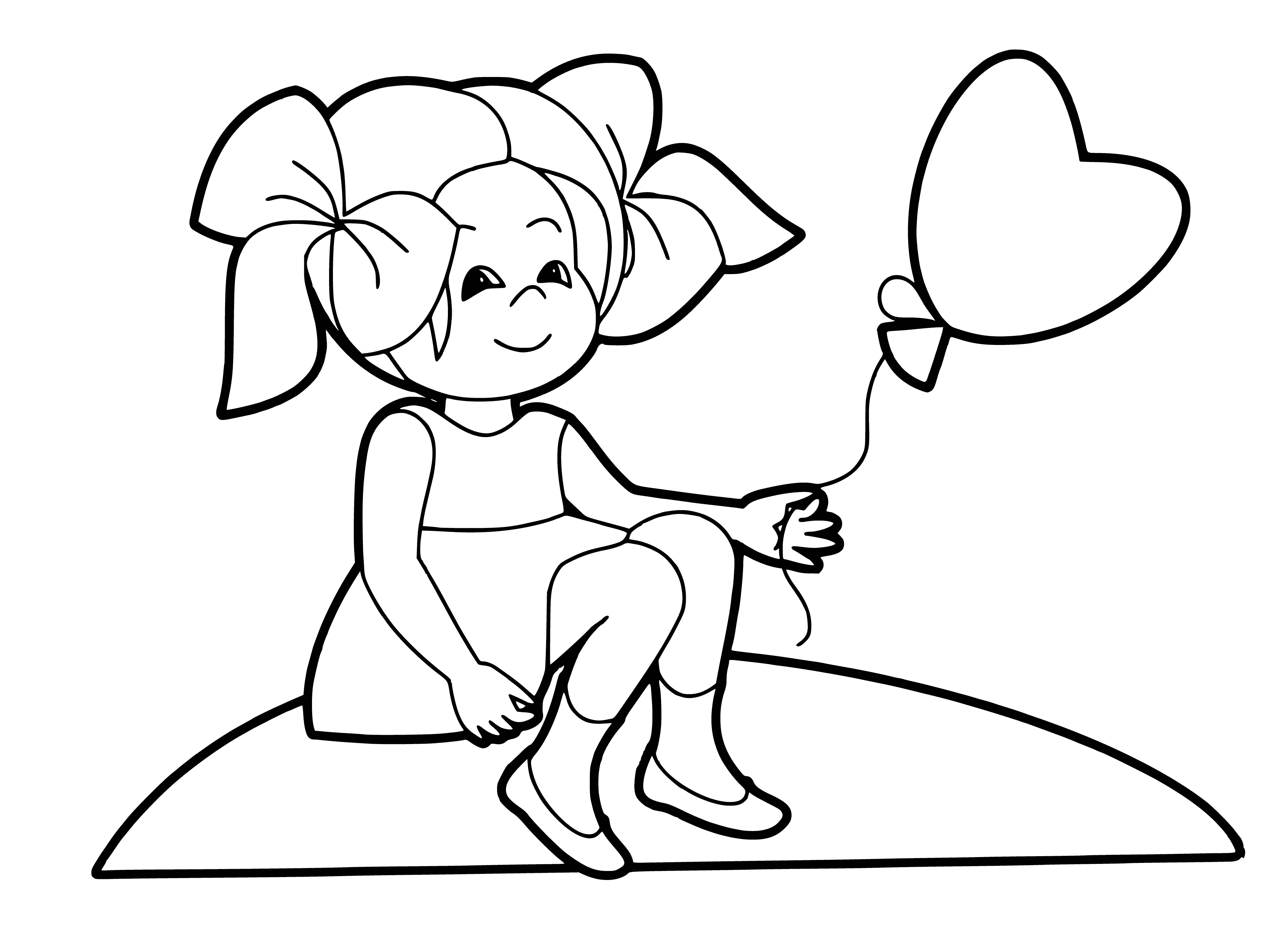 coloring page: Girl holds red balloon, smiling in coloring page—joyful reminder of childhood.