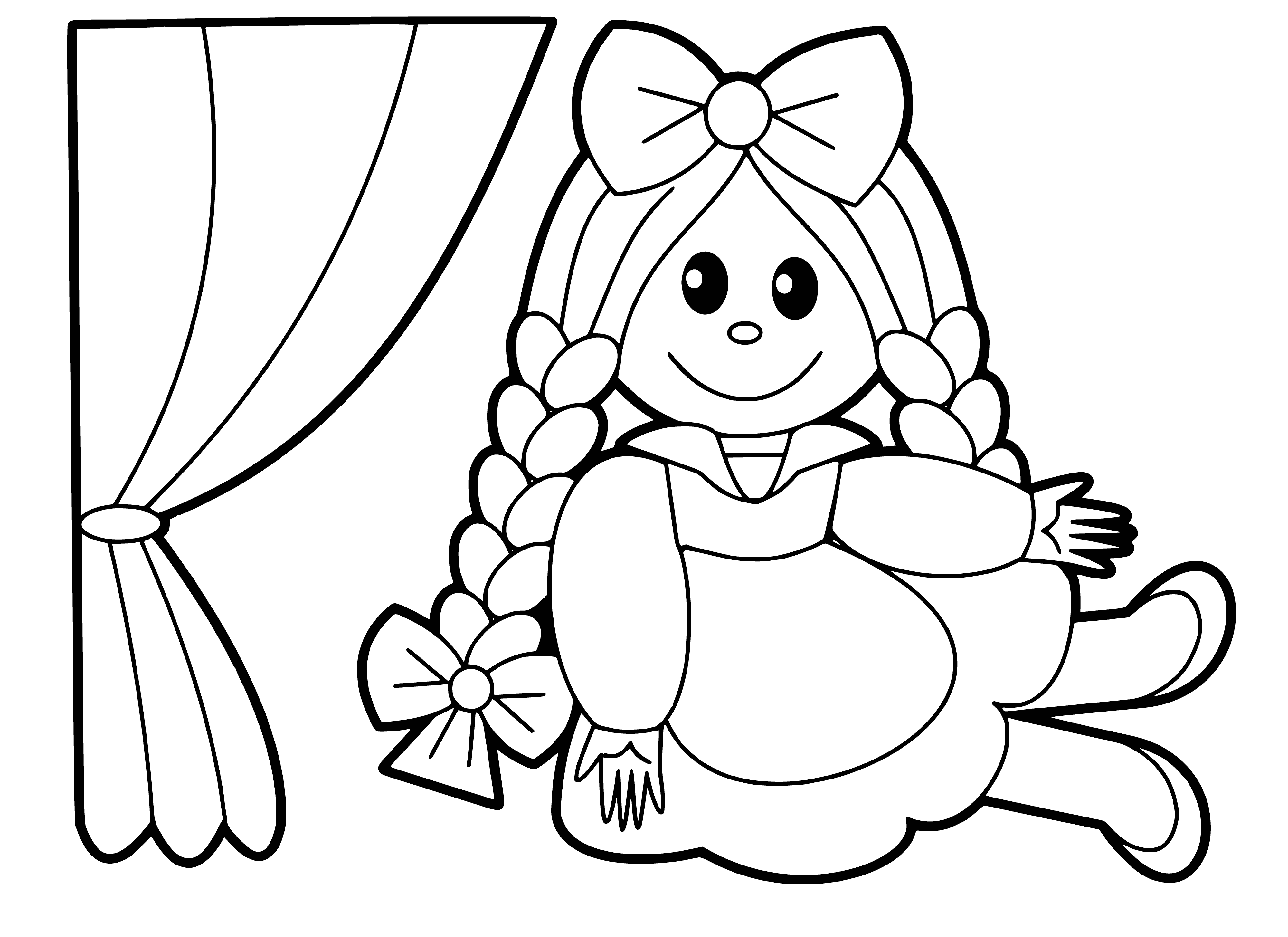 coloring page: Coloring page of a doll wearing a pink dress with a white collar and blond hair, plus two hearts above. For 3-4 year olds.