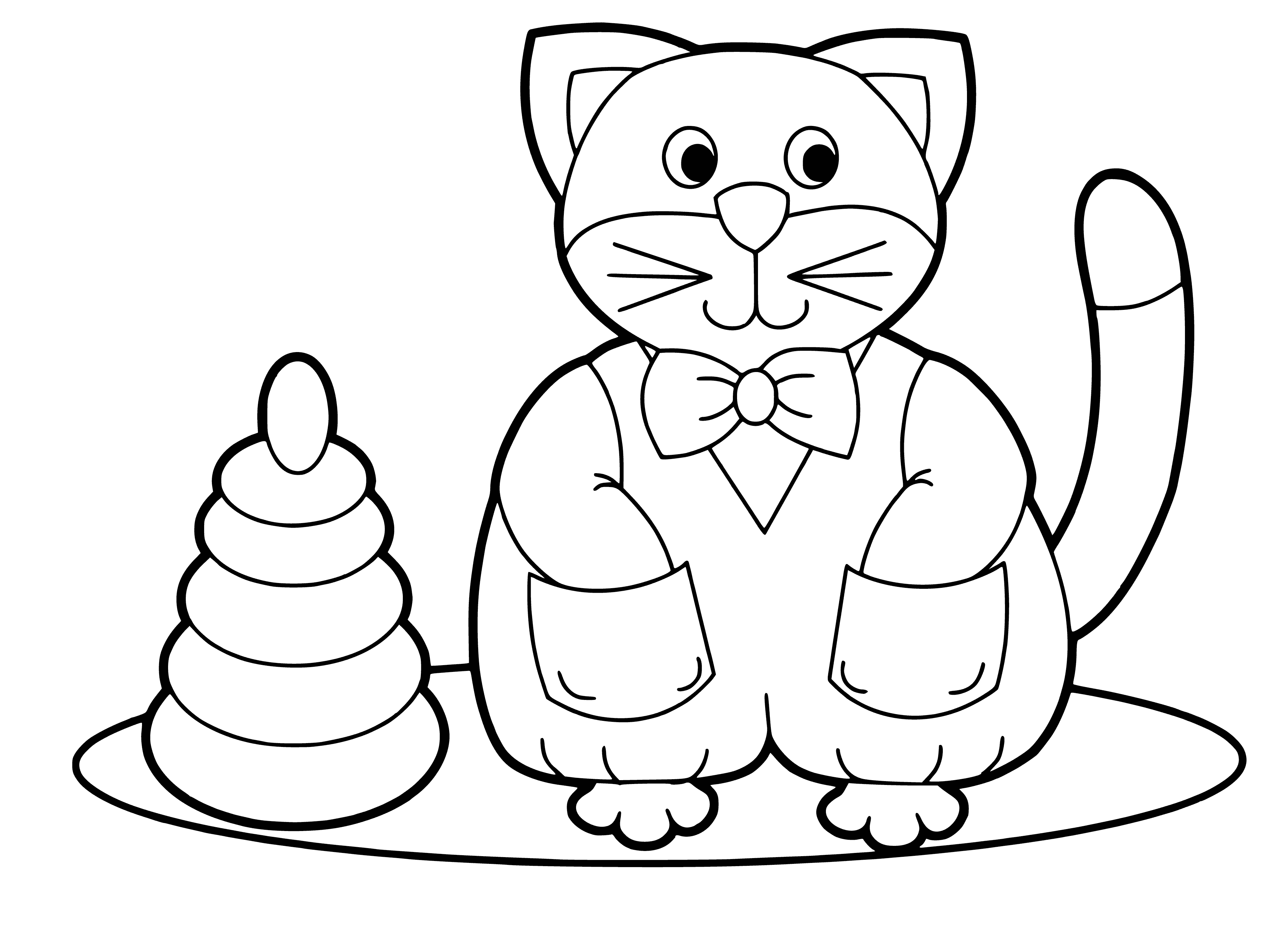 coloring page: Black cat lies on green/yellow rug with green eyes and yellow collar with bell.