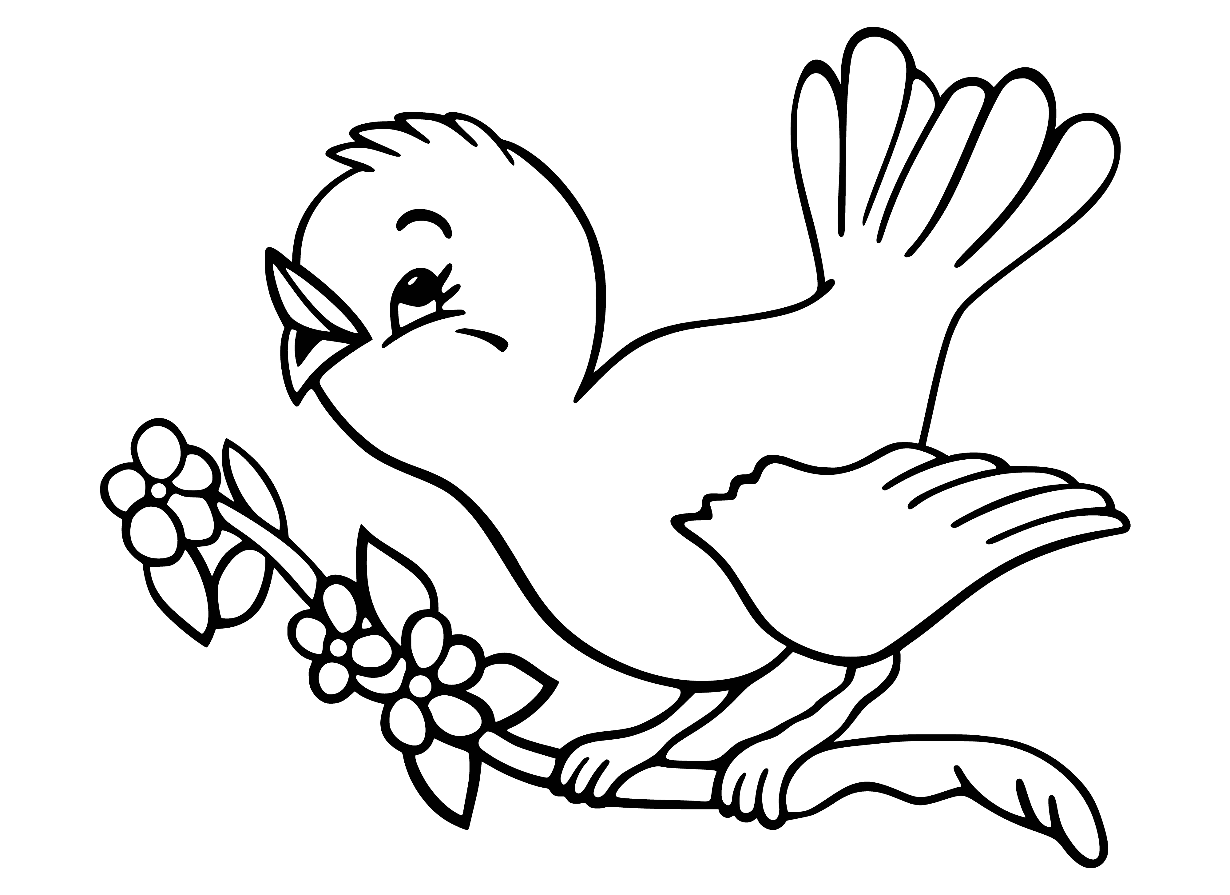 coloring page: A yellow bird perched on a green branch, green spiral w/ yellow center & red edges, purple triangle & pink oval.
