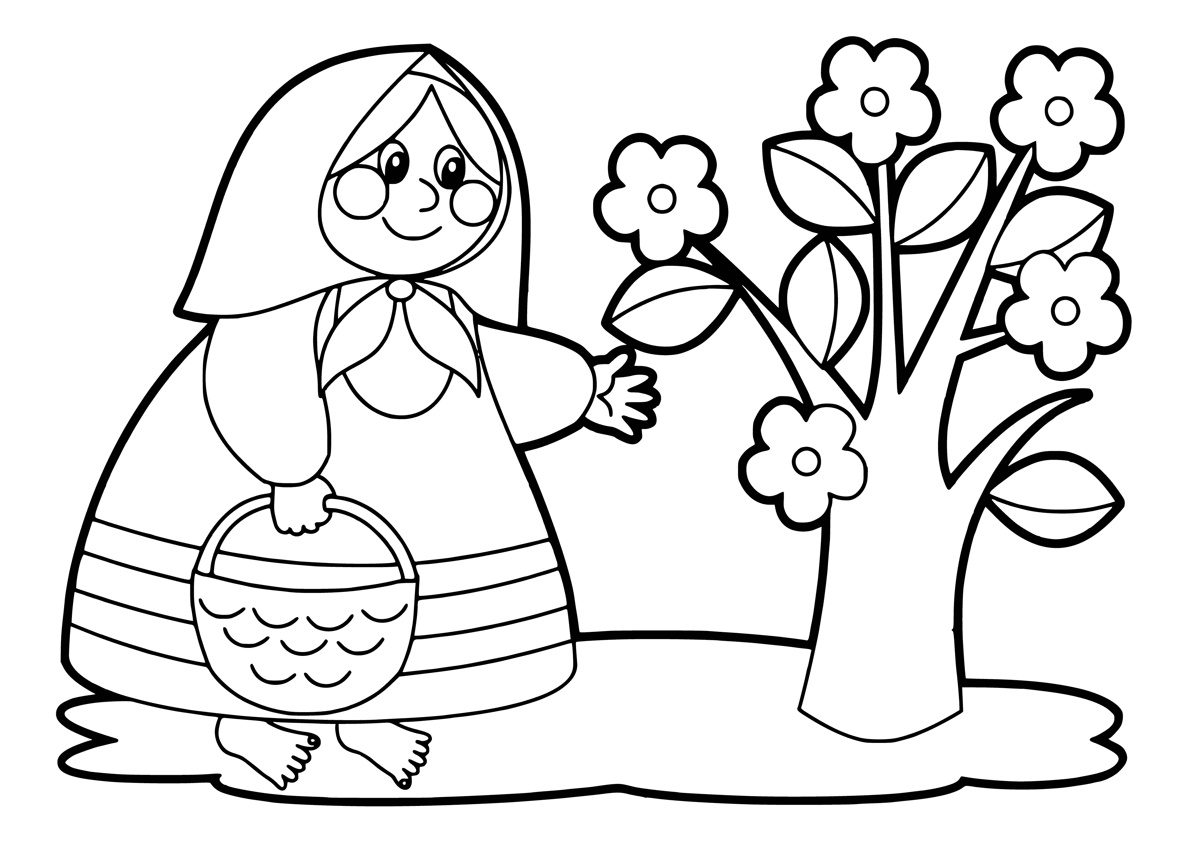 coloring page: Coloring page of Granny cooking in kitchen w/ a blue dress & white apron; a black & white cat is on floor. For 3-4 year olds.