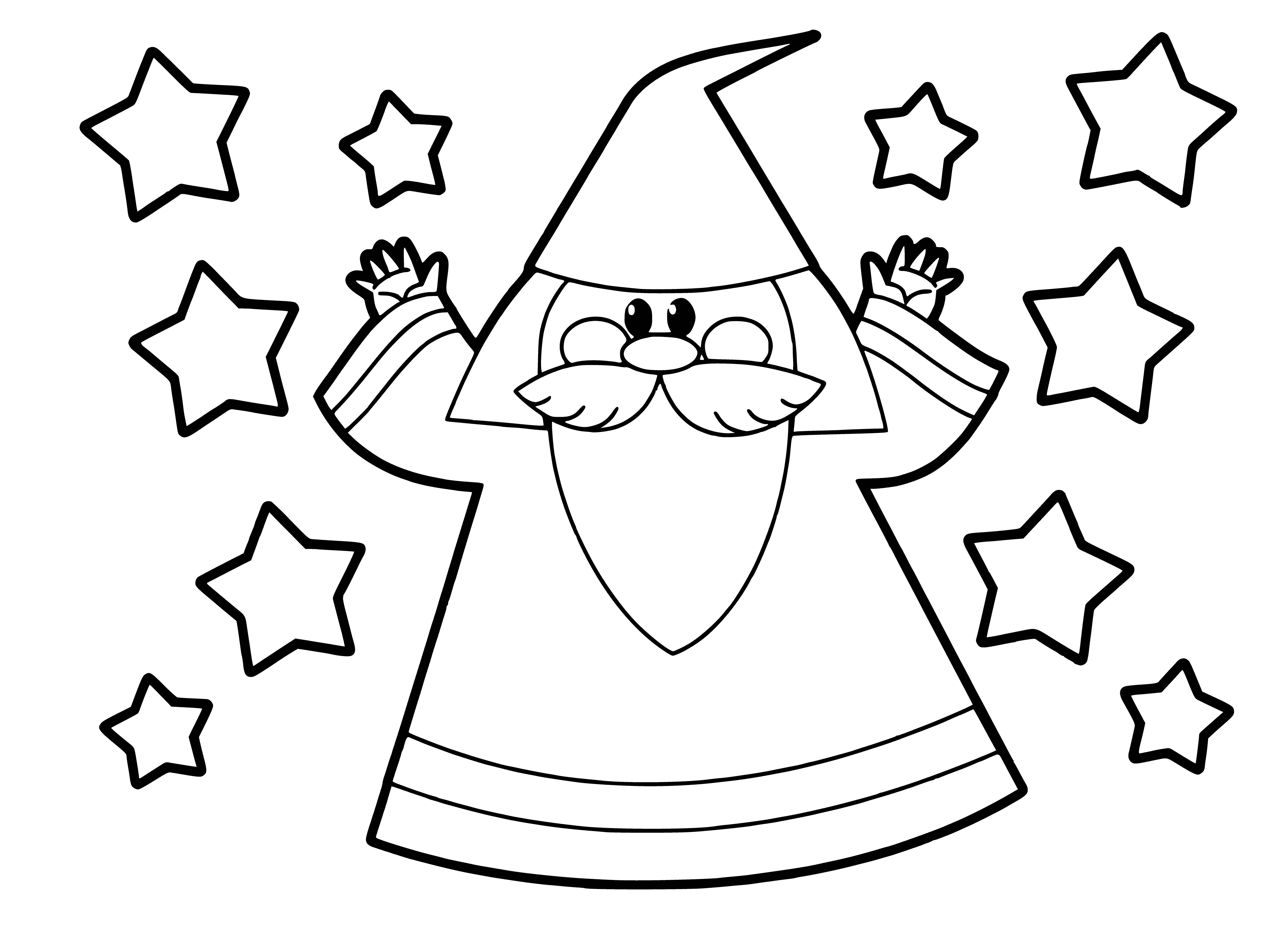 coloring page: Kids playing in a garden: one dressed as wizard waving wand, others laughing, having fun. #childhoodfun