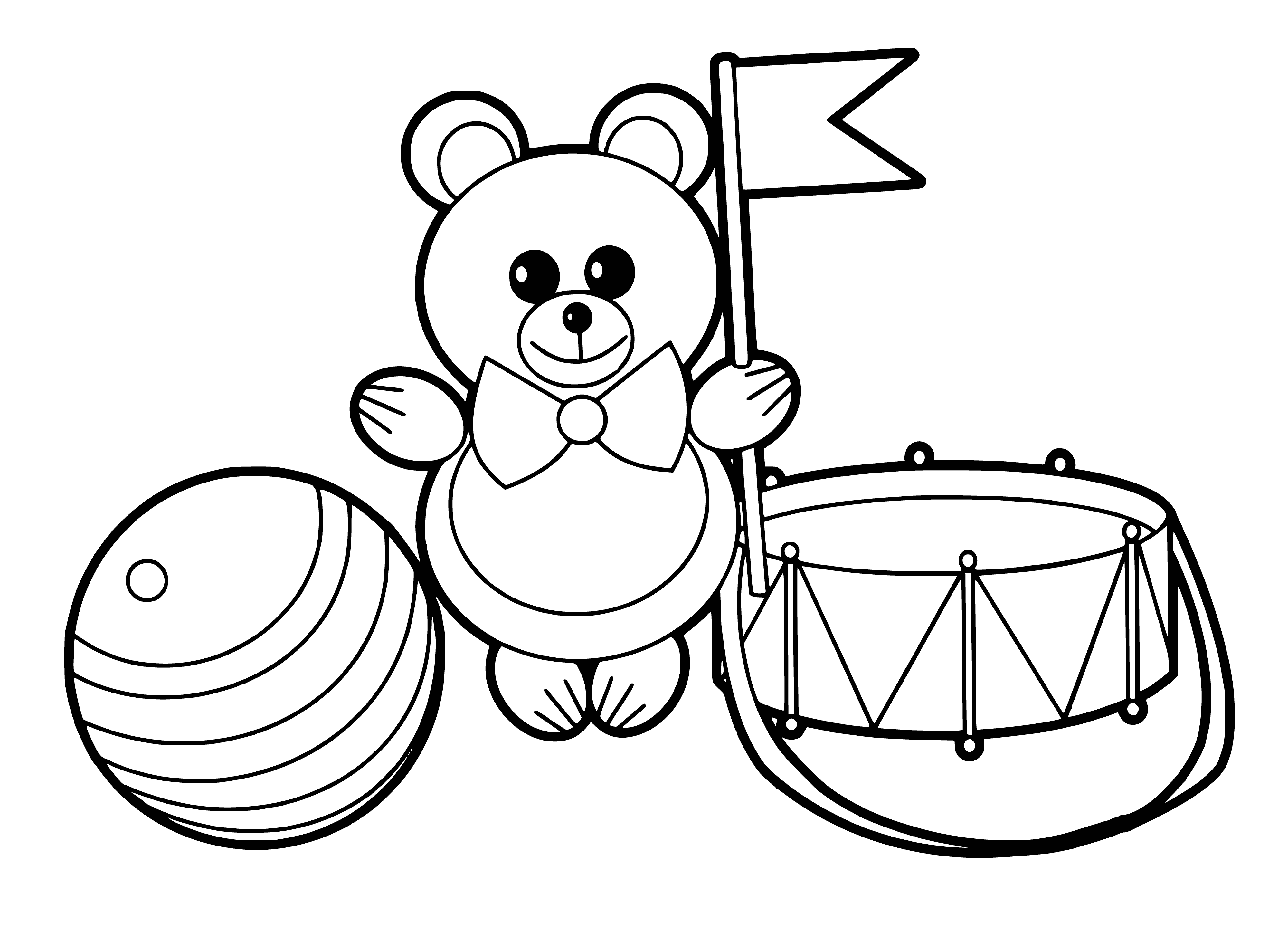 coloring page: A big teddy bear with a brown body, white belly, black eyes/nose/mouth & green shirt+blue scarf stands on two feet w/two arms+legs.