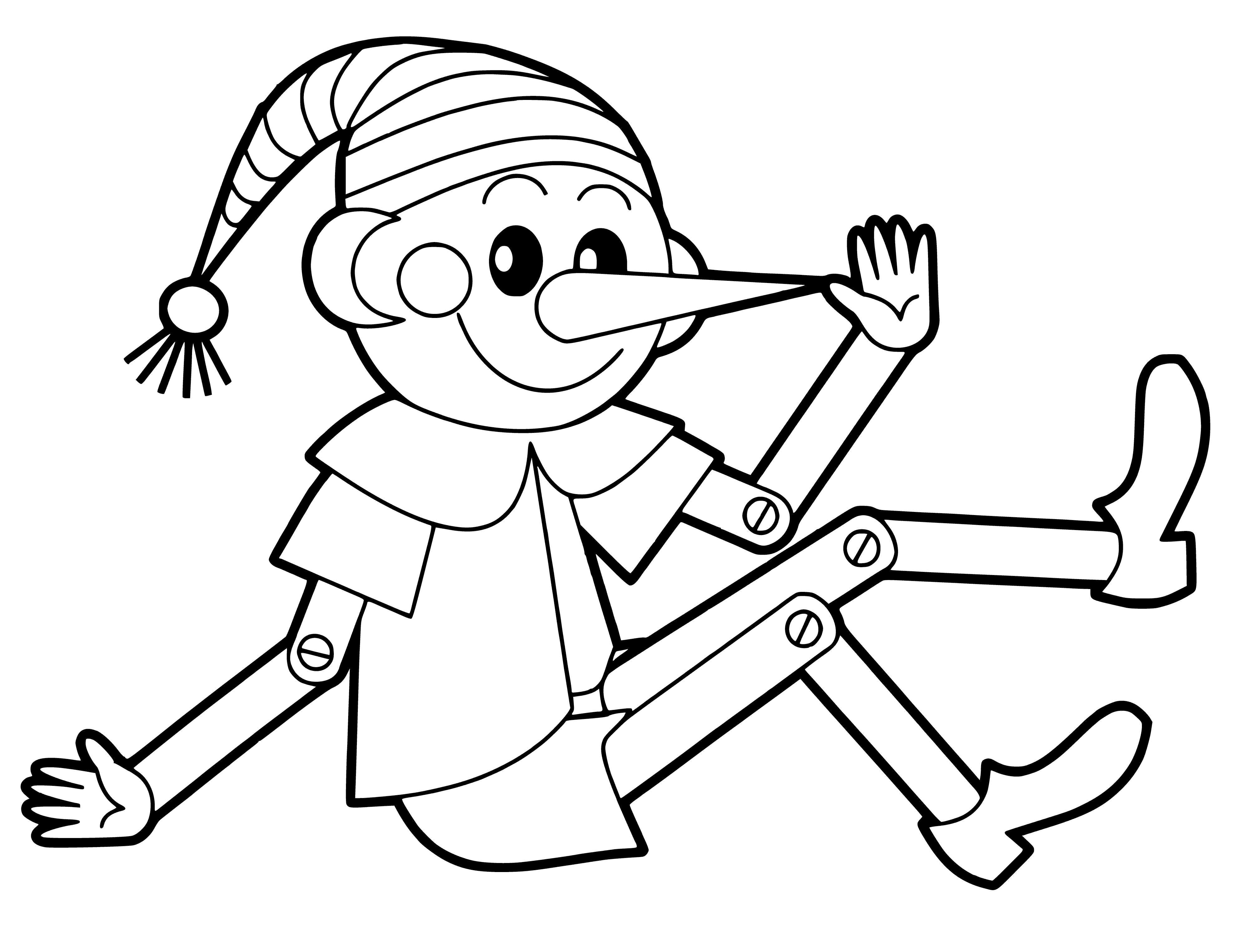 coloring page: Pinocchio is a wooden puppet who comes to life & goes on adventures to learn to be a good boy. In this coloring page, he plays happily with children.
