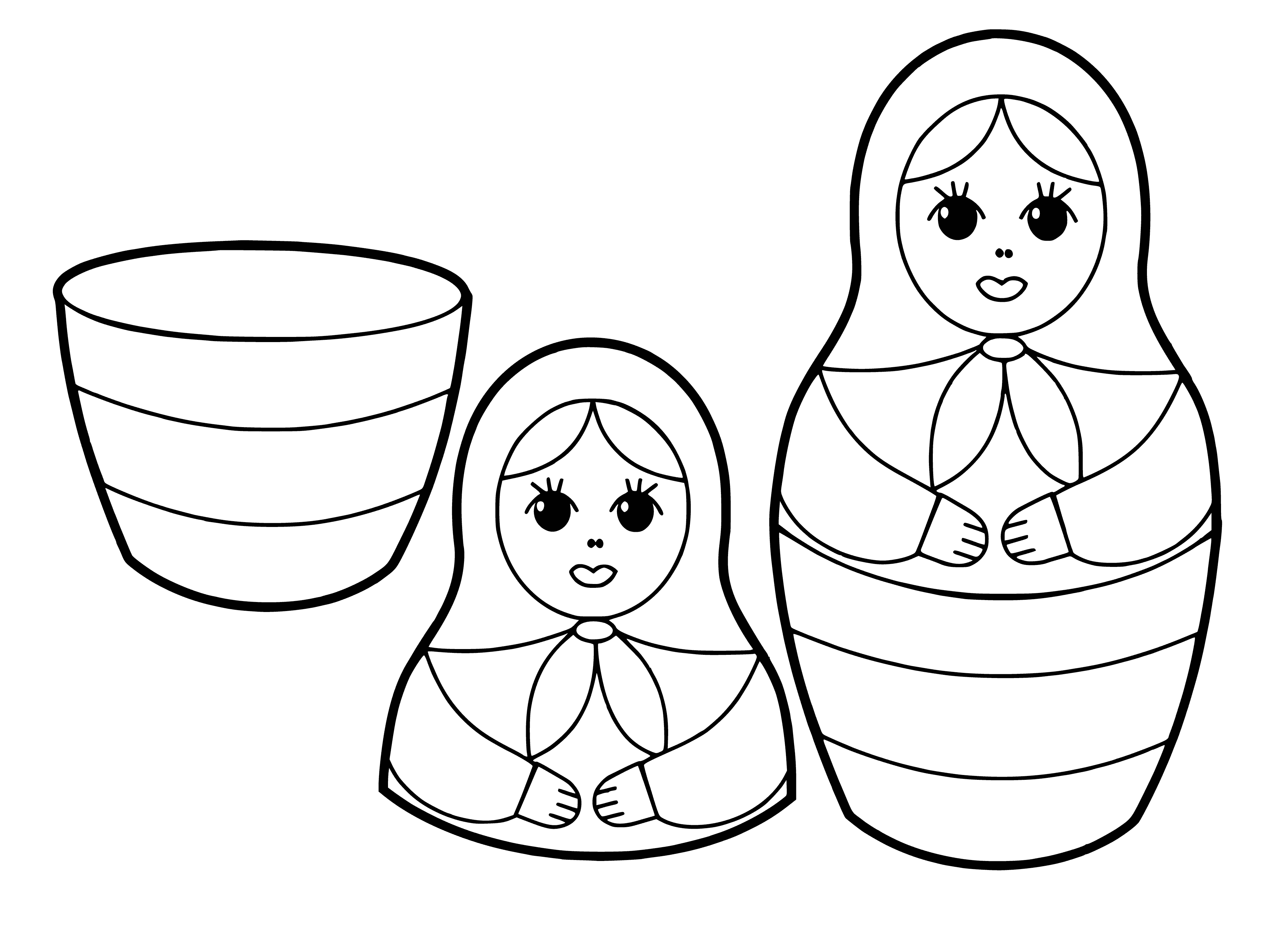 coloring page: Traditional Russian nesting doll, wood doll containing smaller dolls inside, opening to reveal smaller dolls inside each. #Russia