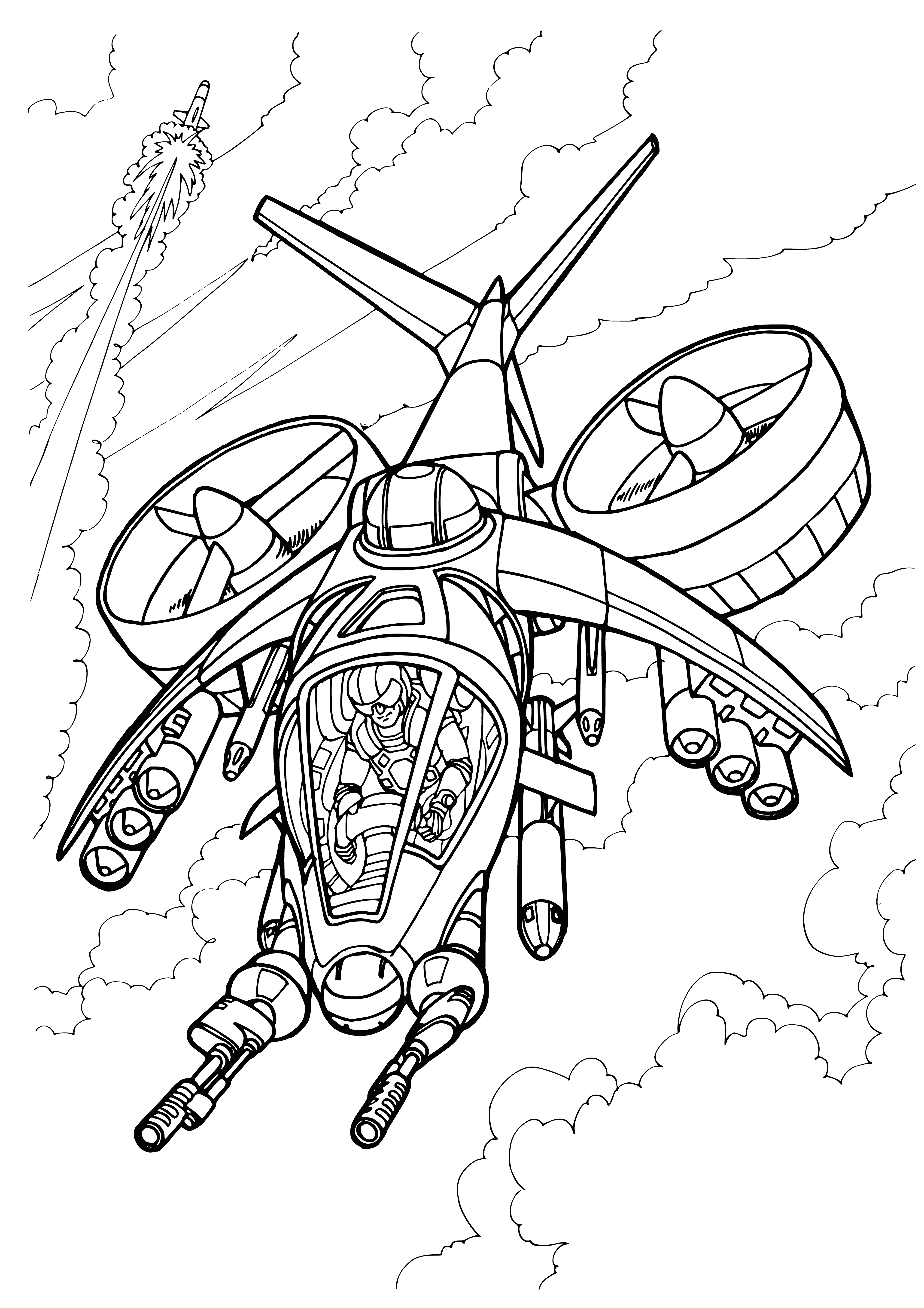 coloring page: Military rotorcraft engage in chaotic battle, skies are filled with smoke and debris, craft fire missiles in heated conflict.
