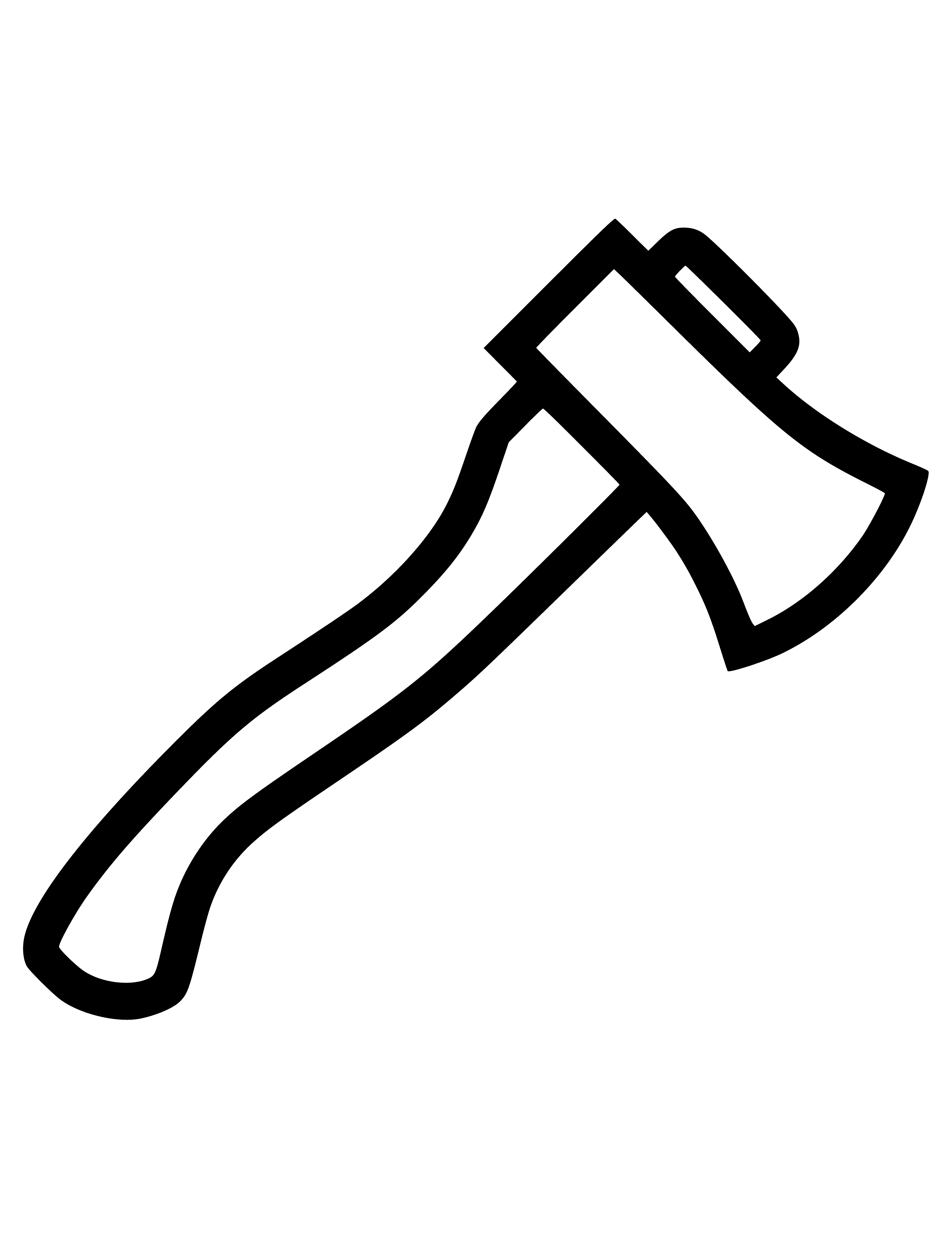 coloring page: Axe has handle, sharp blade, and point. Used to chop wood.