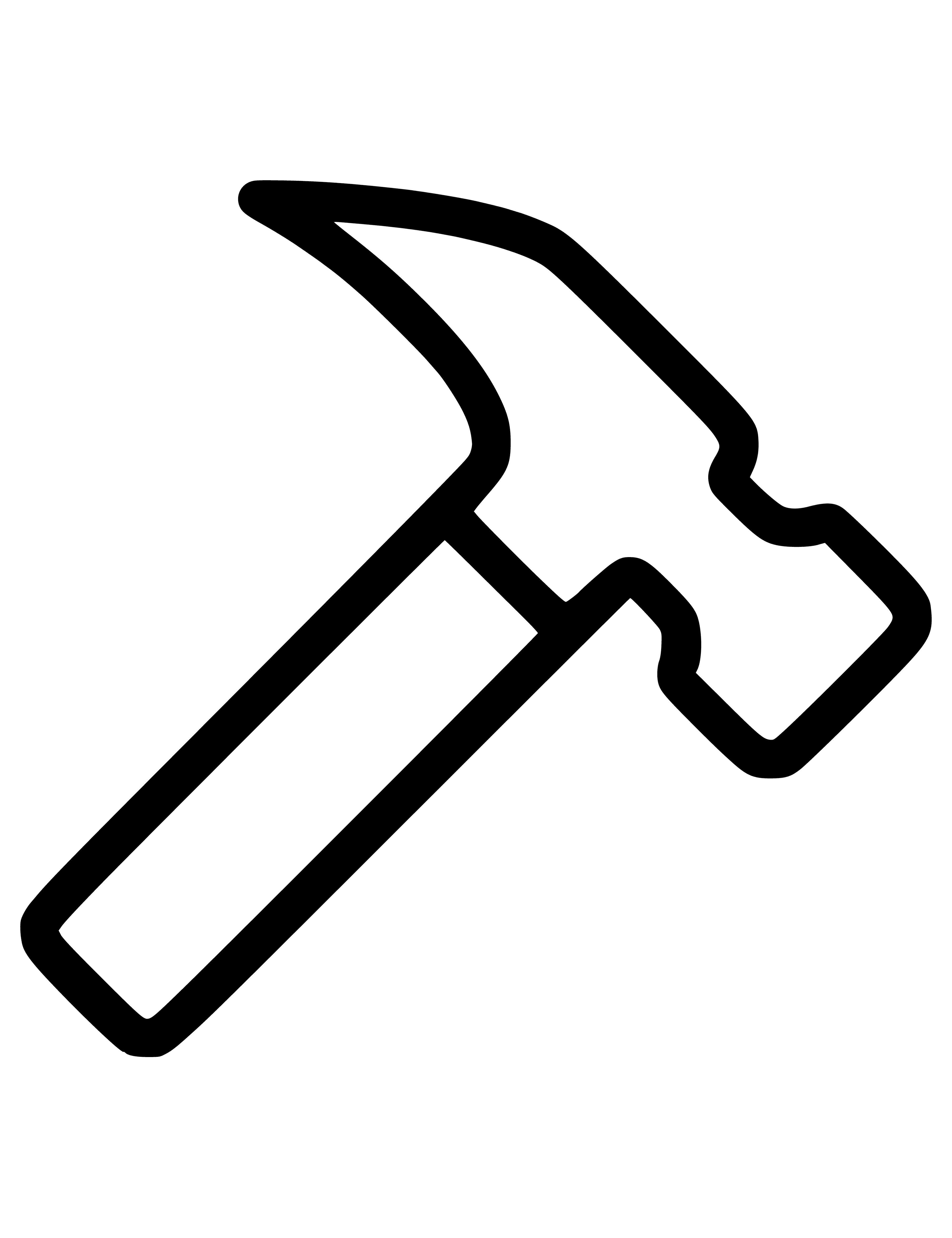 coloring page: Hammer tool: handle (wood/metal), head (metal), flat head (hammer), rounded face (face). Used to hit things.