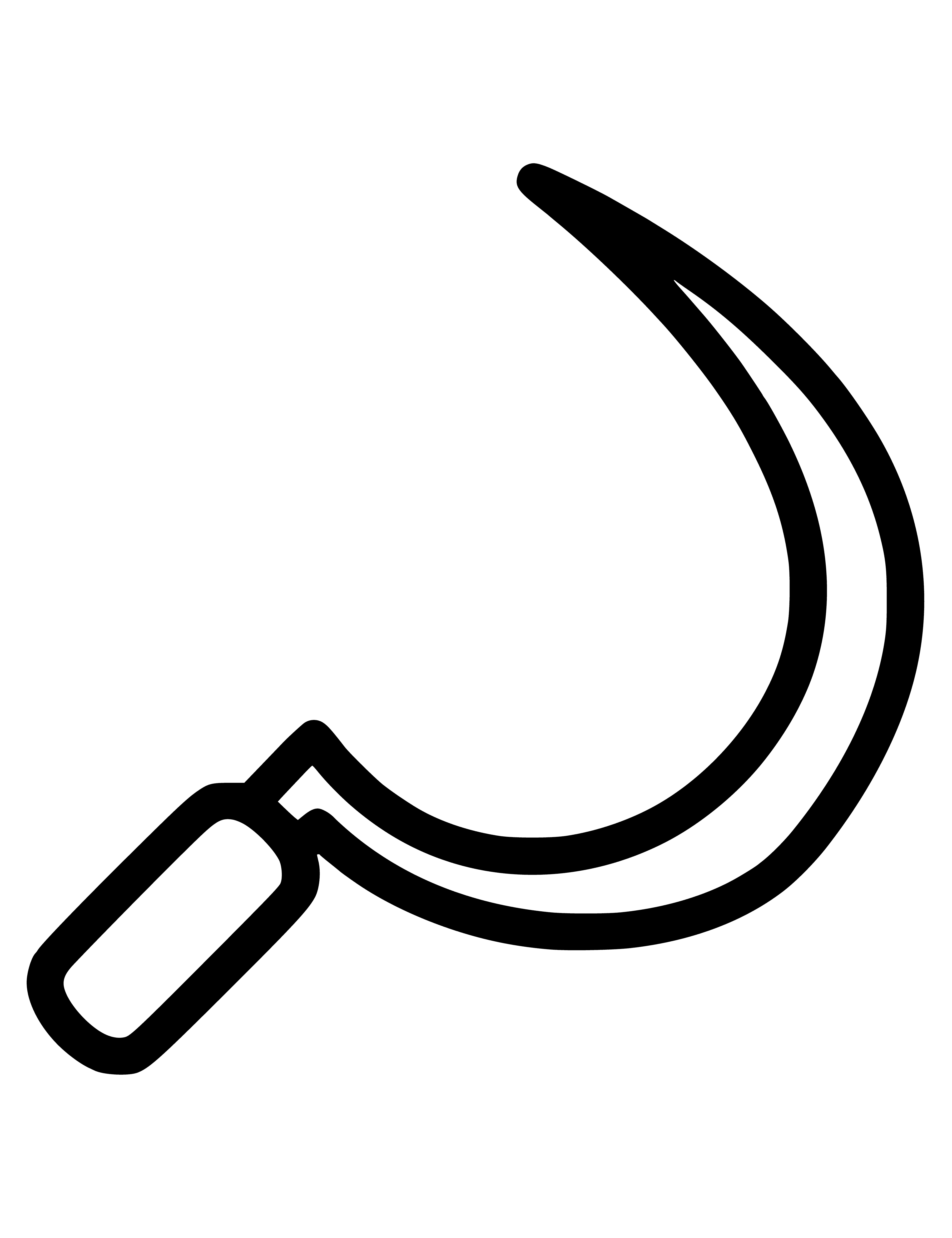 coloring page: A sickle is a cutting tool with a curved blade for harvesting crops; handle is usually wood or metal.
