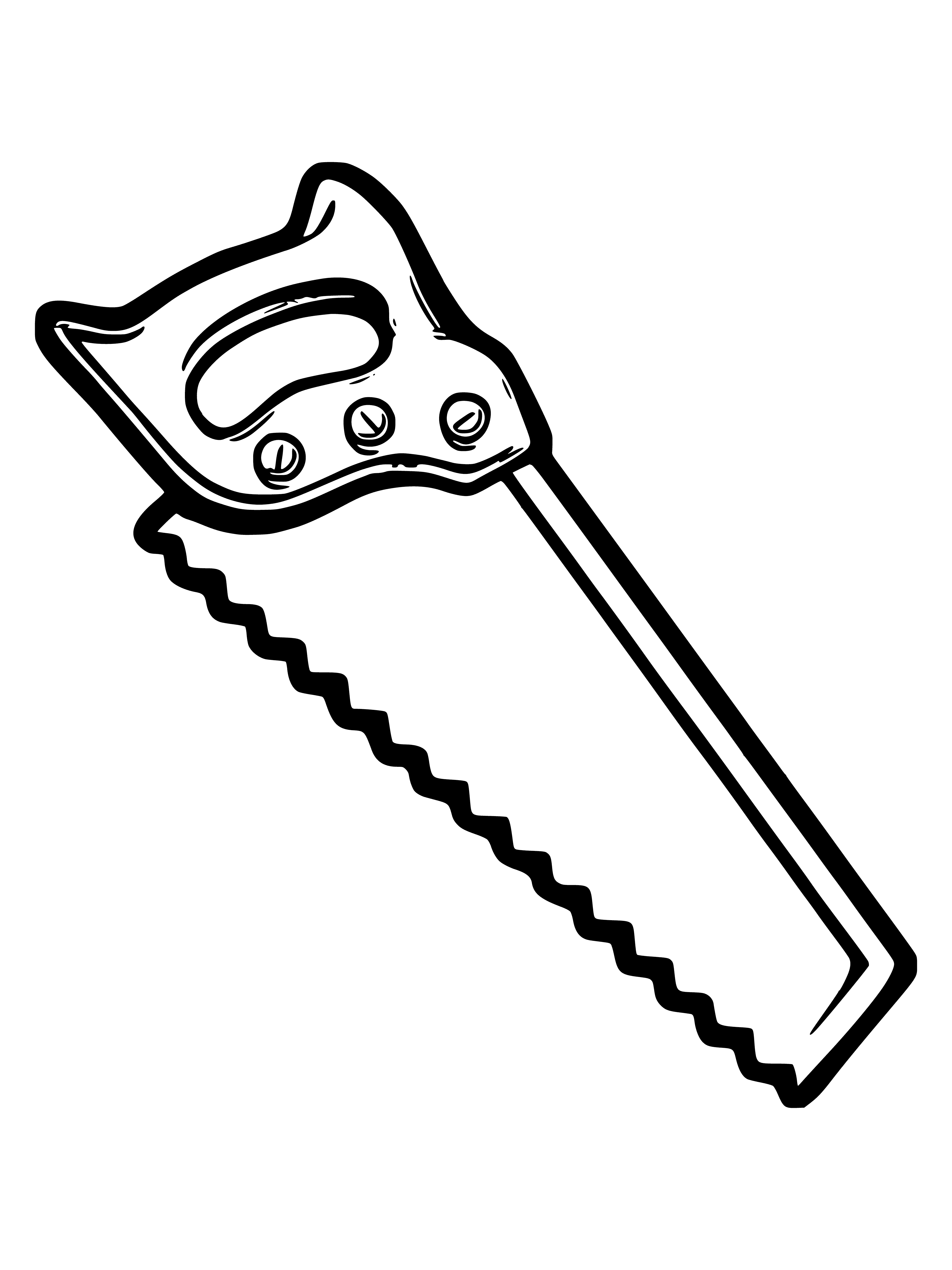 coloring page: Silver object with thin, curved blade & serrated edge has a black handle, medium-sized.