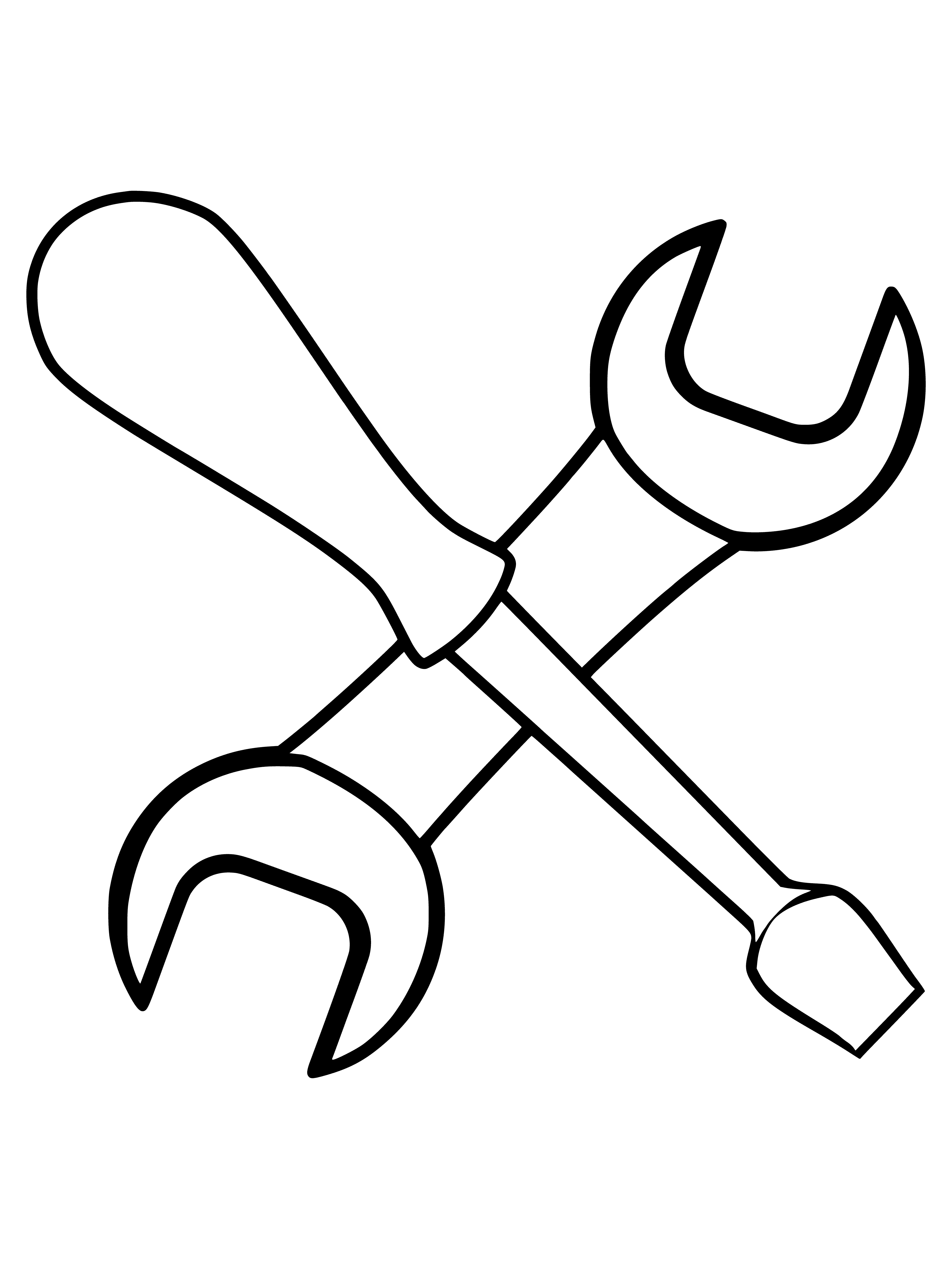 coloring page: Silver wrench & black screwdriver on white surface; wrench angled, screwdriver upright; both have metal tips.