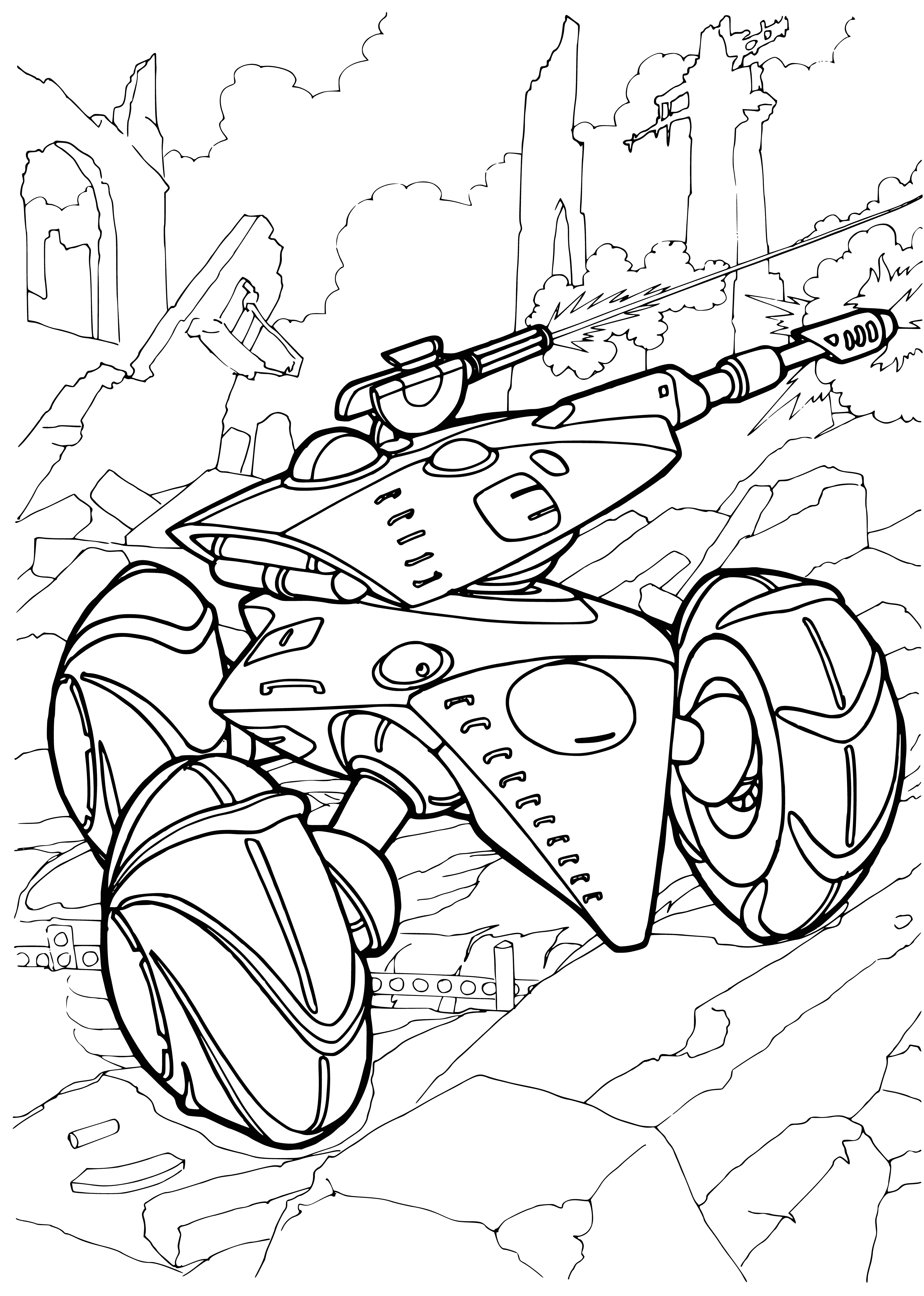 coloring page: Future wars will be fought with autonomous tanks with intelligent AI & powerful weapons, communicating & maneuvering to achieve victory.