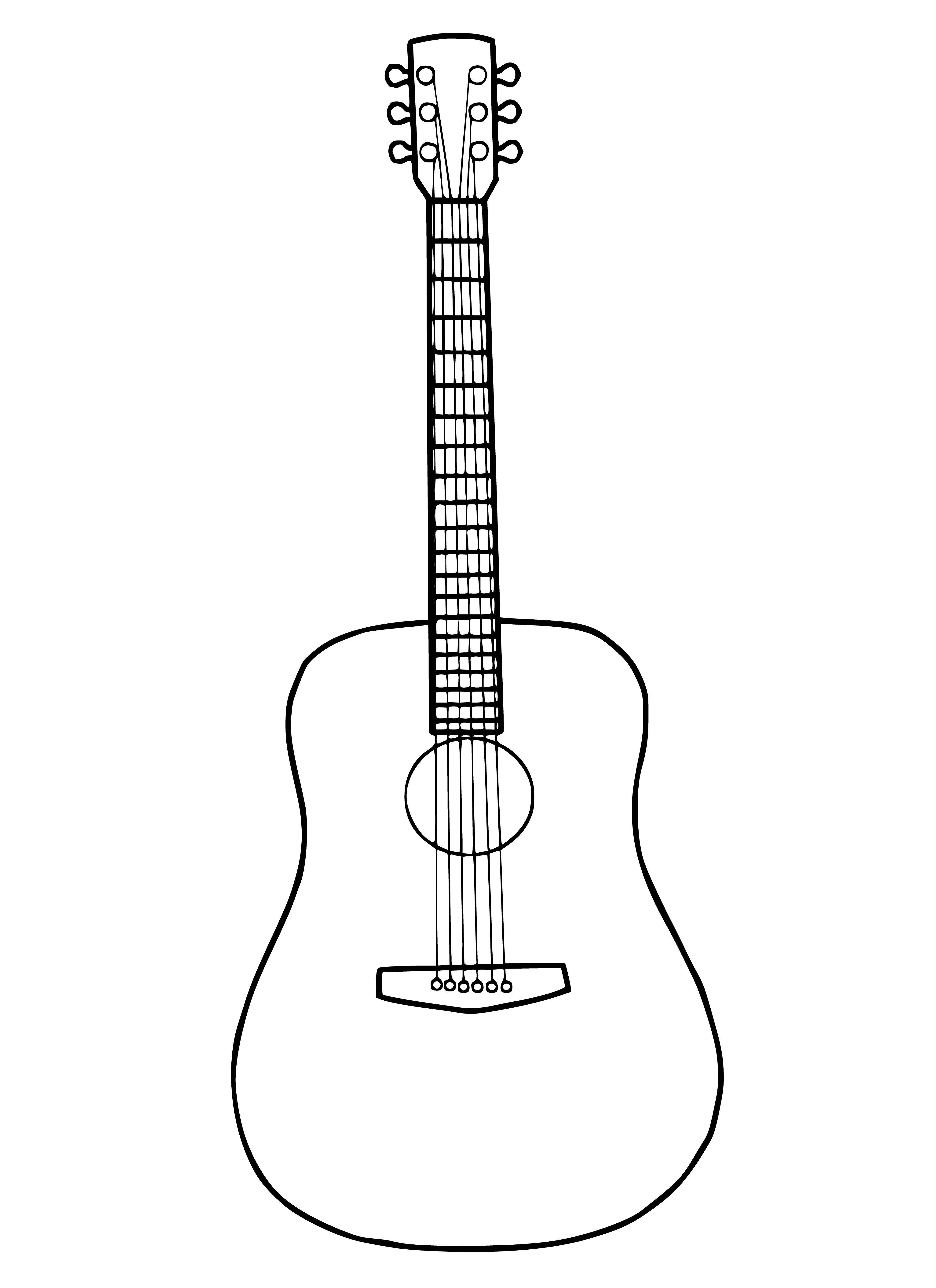 coloring page: Guitar is a stringed instru. Played by pressing strings to frets with left hand, plucking or strumming with right hand to create sound.