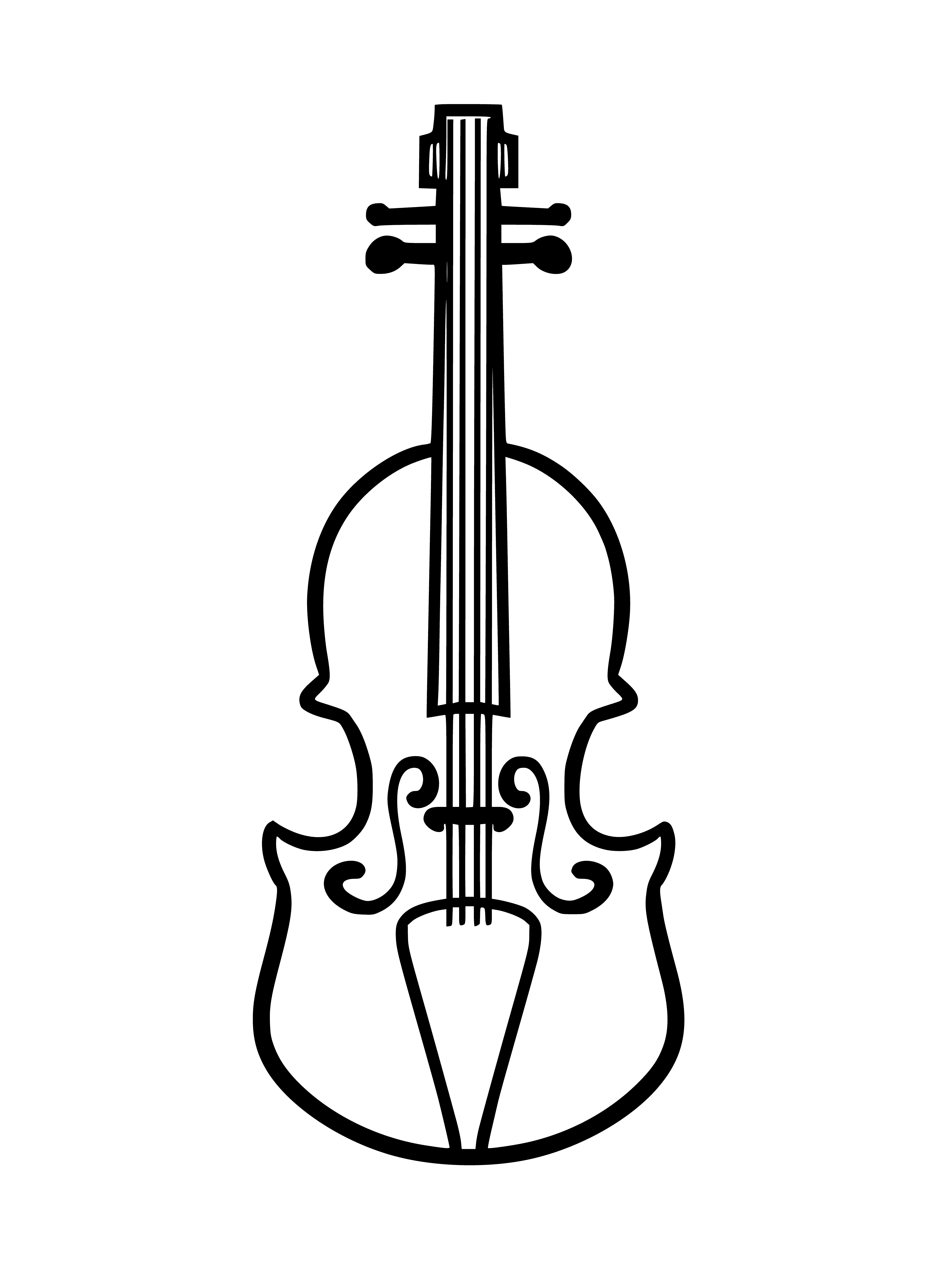 coloring page: Violin has long thin body, 4 strings, held under chin, played with bow. Strings made of gut or metal, vibrate to create beautiful, haunting sound.