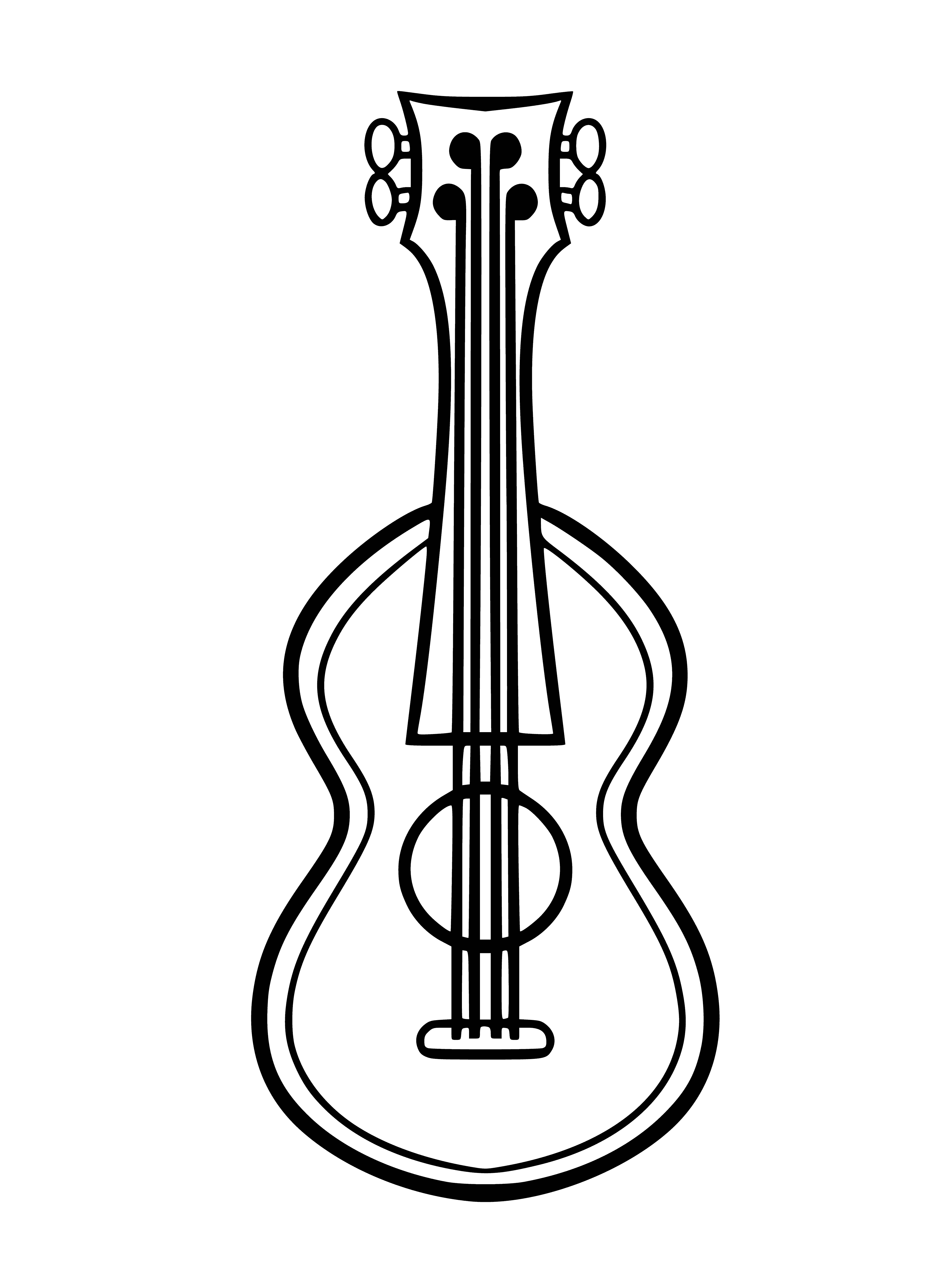 coloring page: Small instrument with four-strings, played by strumming/plucking and changing pitch by pressing on frets with left hand. #ukulele