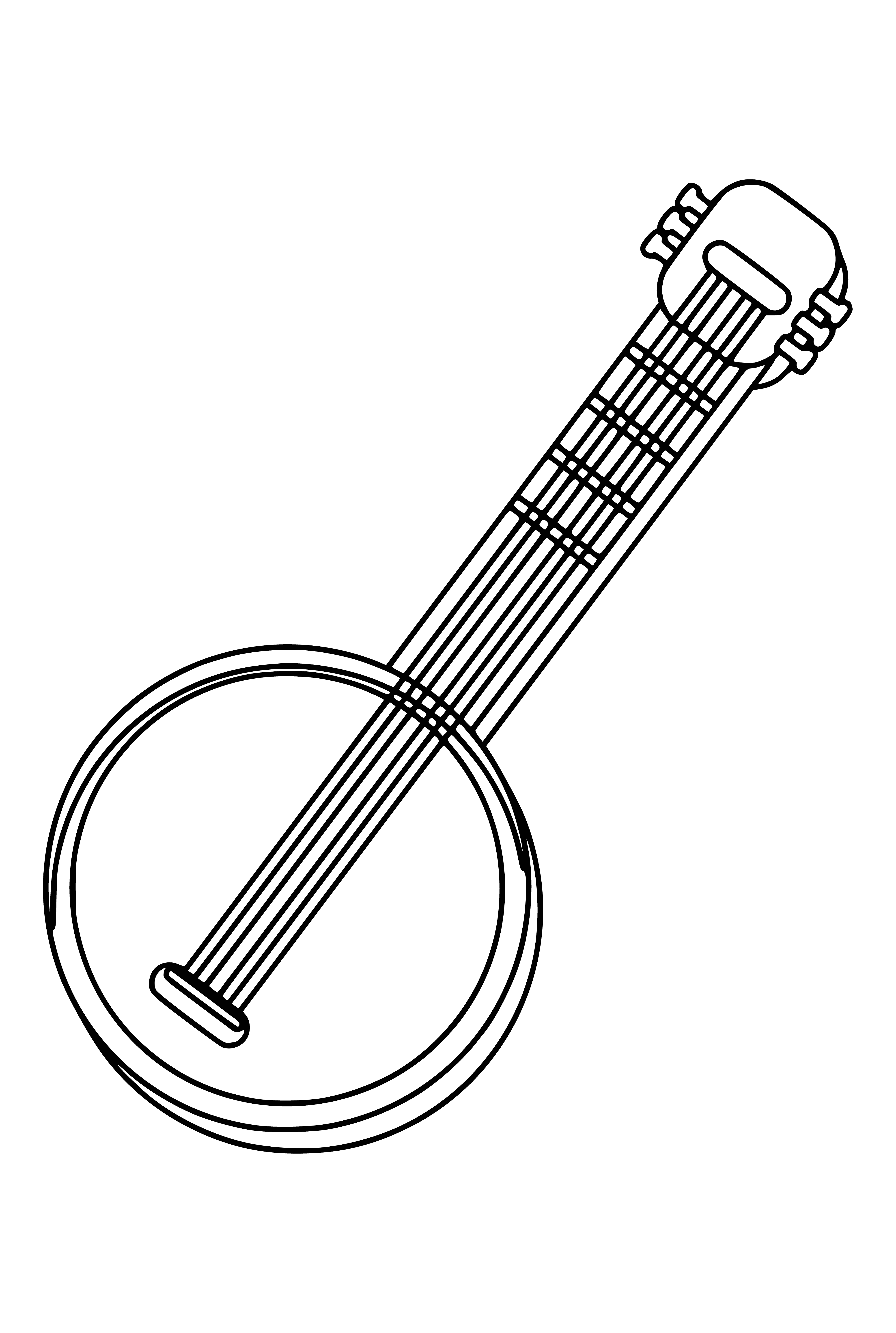 coloring page: The banjo is popular in folk music, with its long neck, round body & 4 plucked strings.