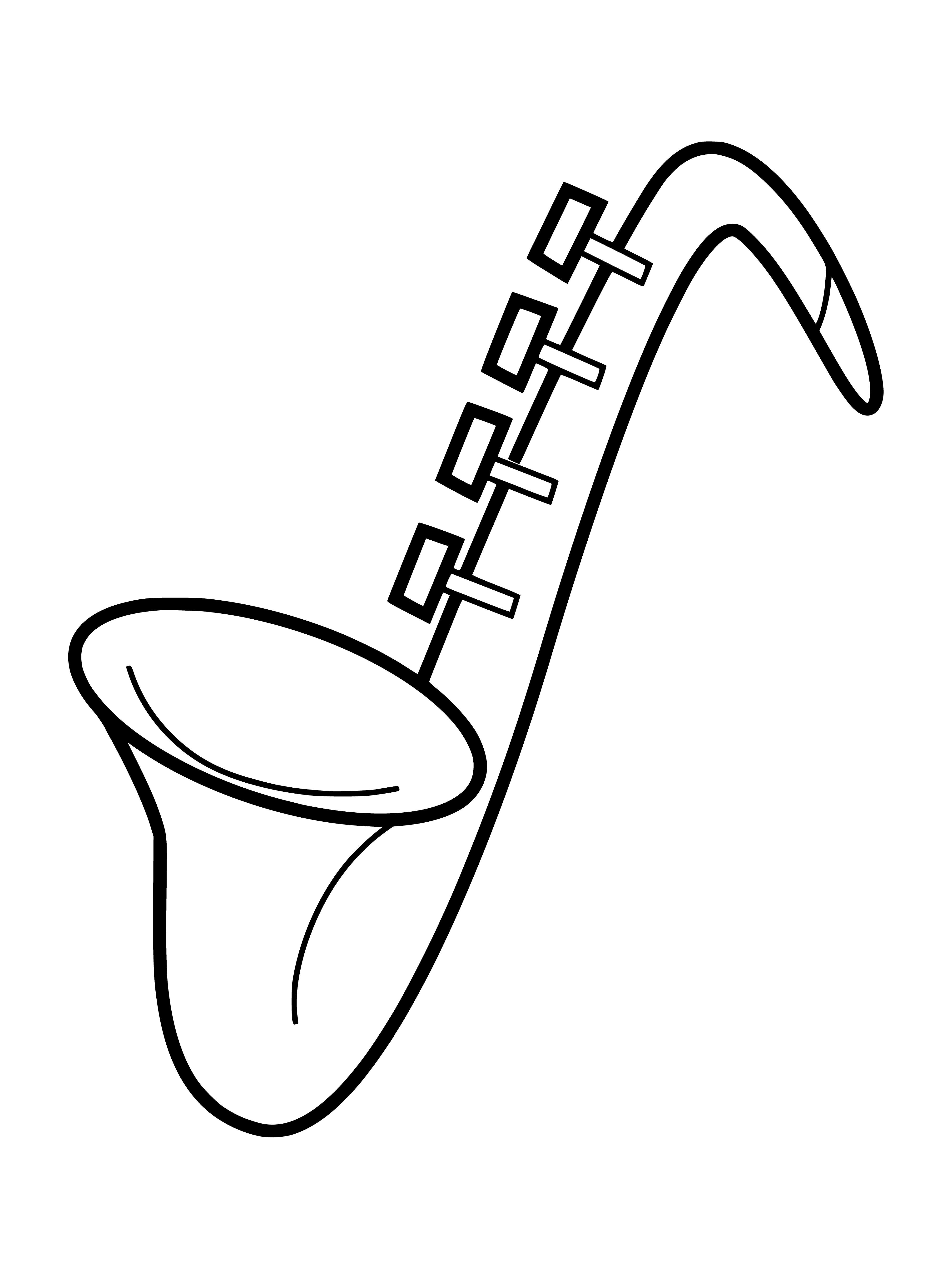 coloring page: Gold tube-like instrument with thin reed attached. Blow into mouthpiece, press keys to create notes.