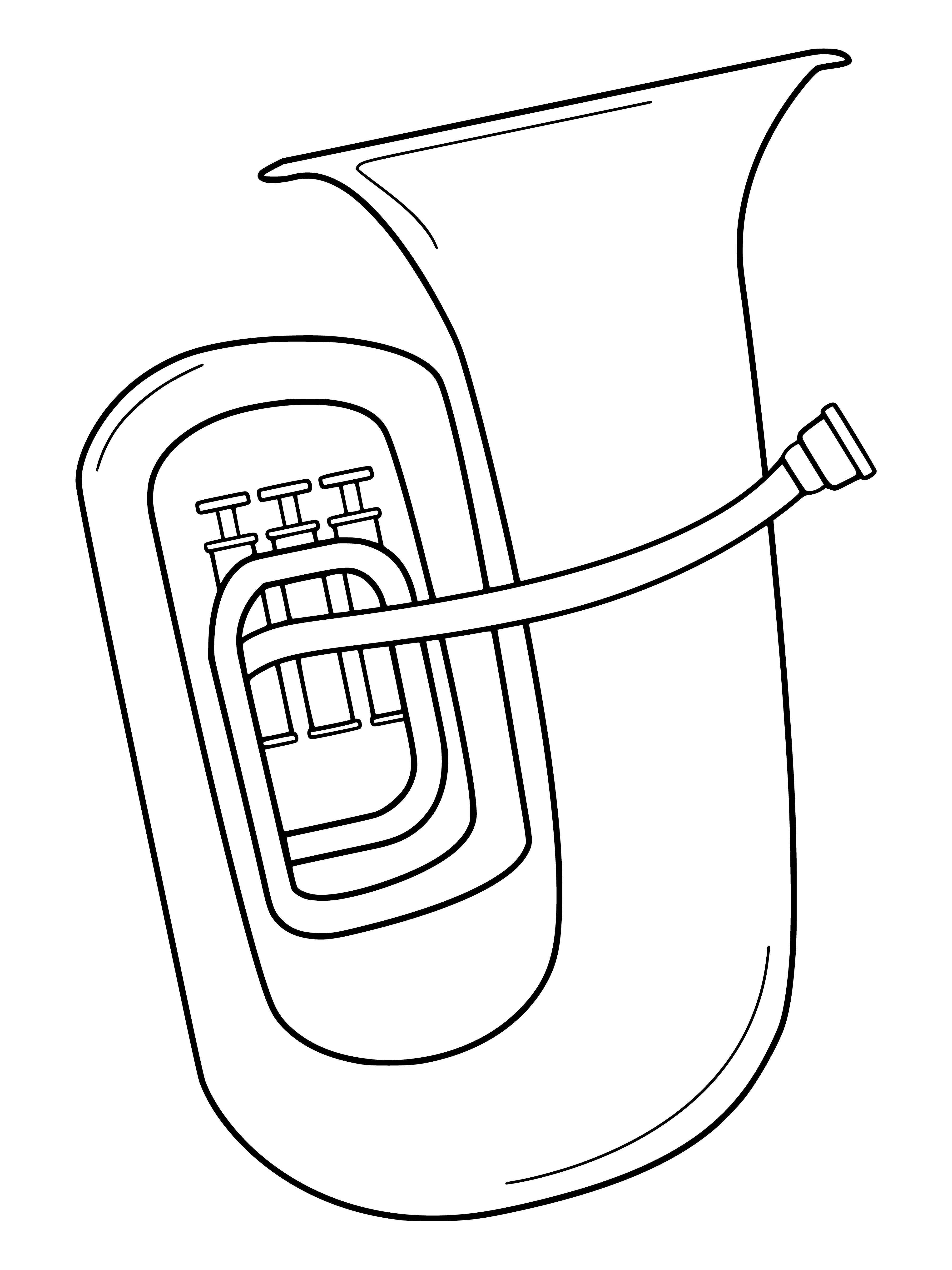 coloring page: The tuba is a large brass instrument with a bell & tube. Air vibrates the brass to create a low, deep sound when the player blows into it.