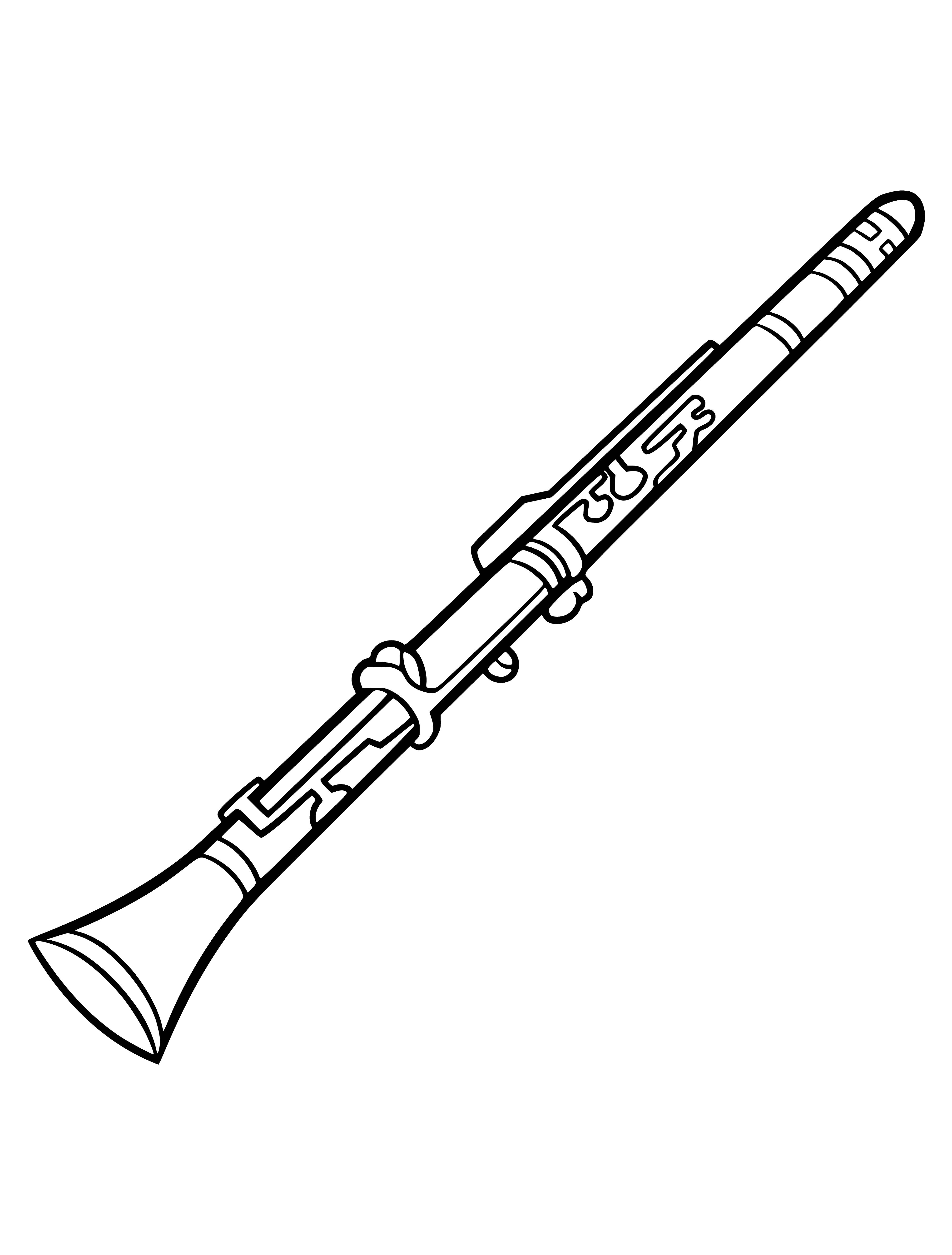 coloring page: Clarinet is a woodwind cylindrical instrument with a single reed, held in the right hand & played with the left.