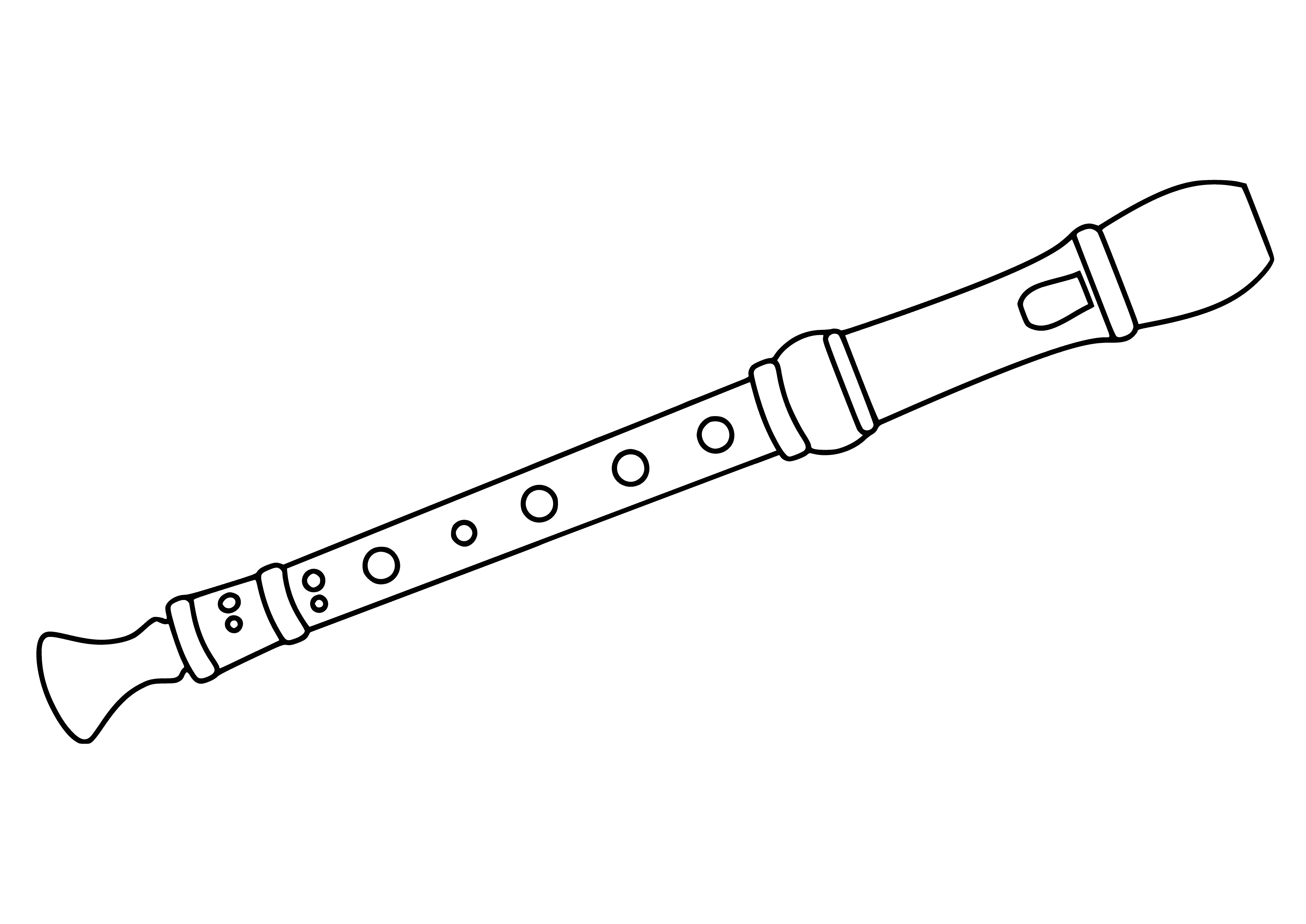 coloring page: Flute coloring page has metal flute with 3 buttons, holes in top and bottom, silver in color.