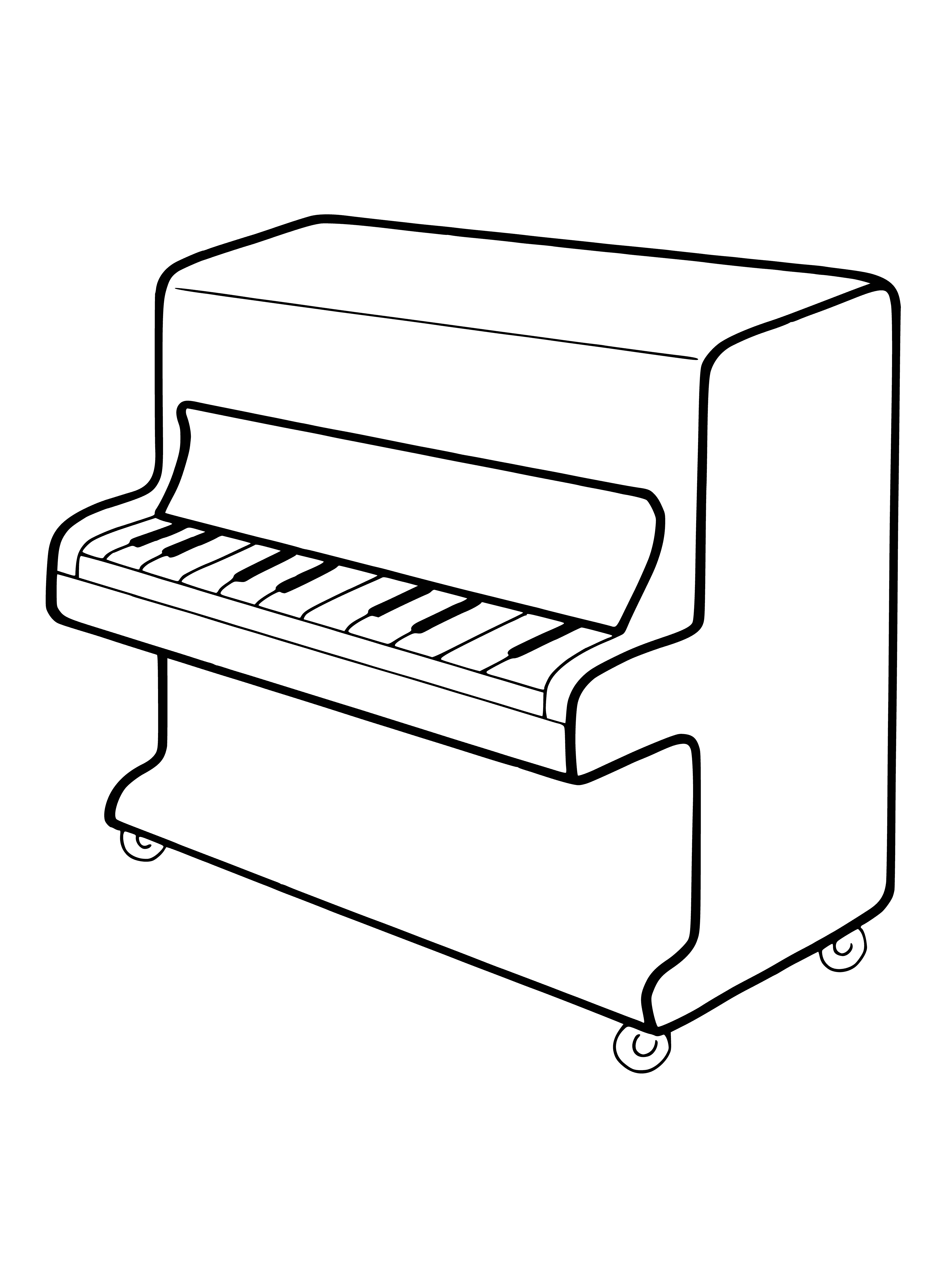 coloring page: Person playing piano on a large wooden instrument with black & white keys.
