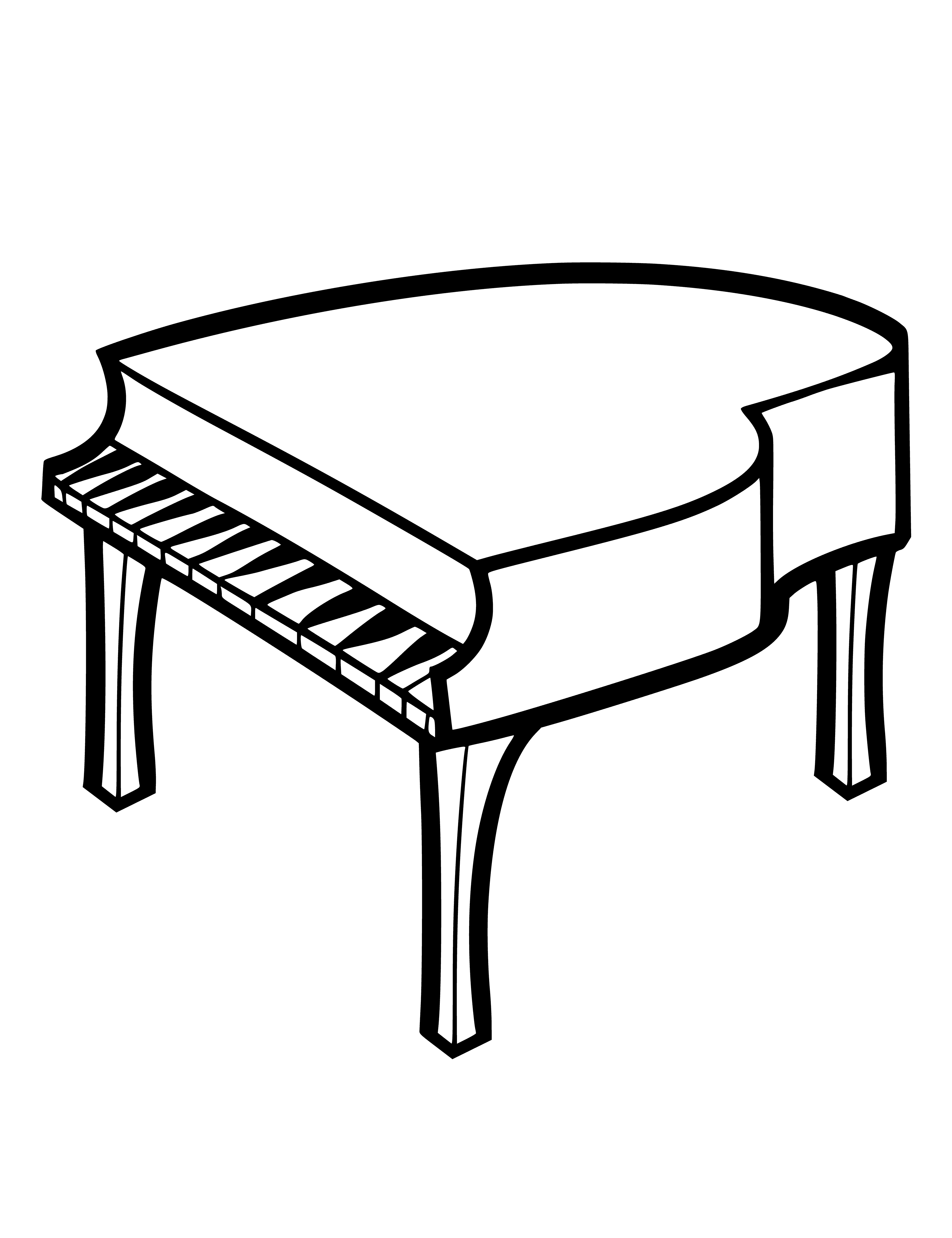 coloring page: Grand piano: large instrument with long rectangular shape, keyboard of black/white keys, and pedals at the base. #Music