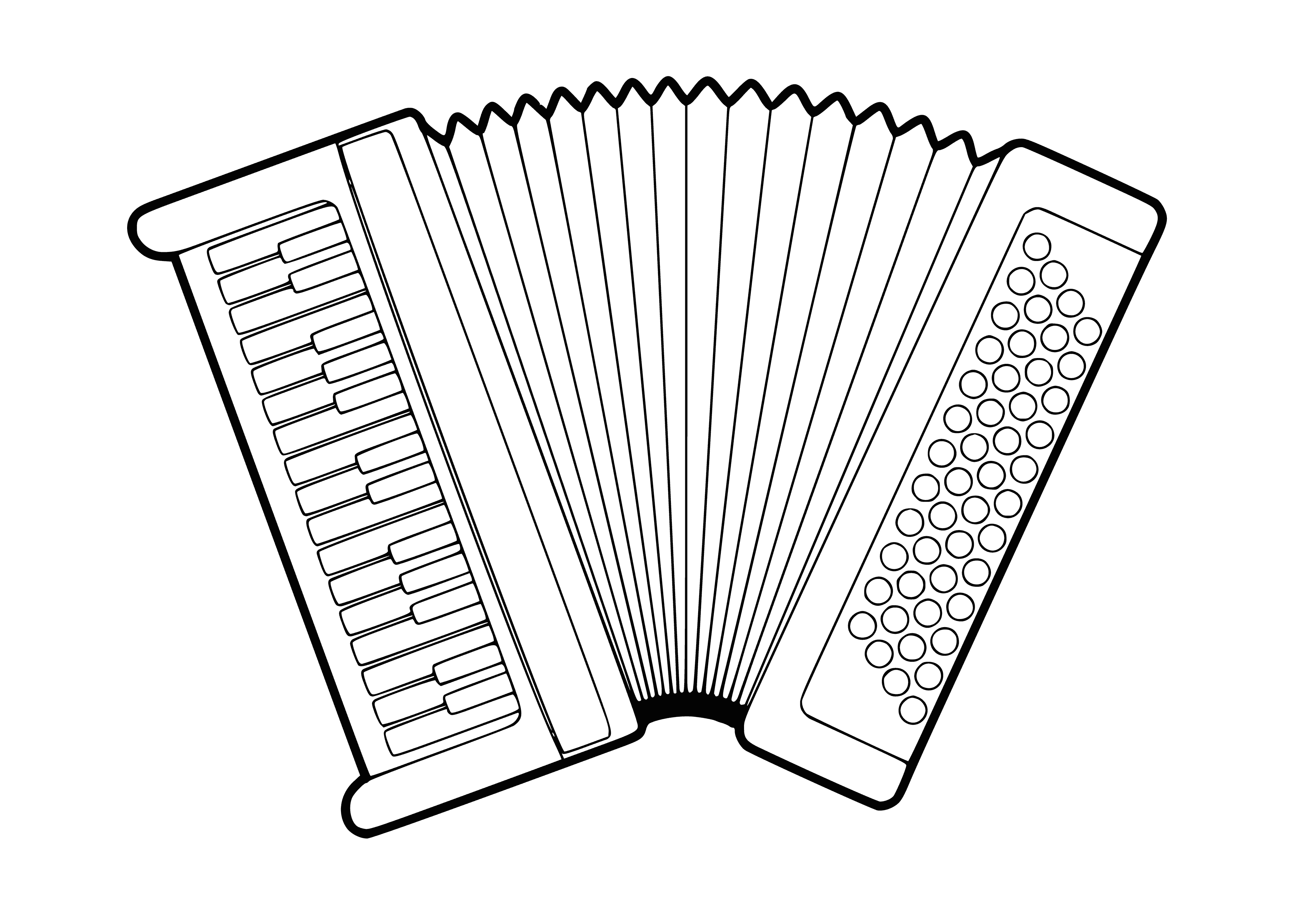 coloring page: Accordion is a musical instrument played by pressing buttons & pulling/pushing bellows to produce a range of pitches.