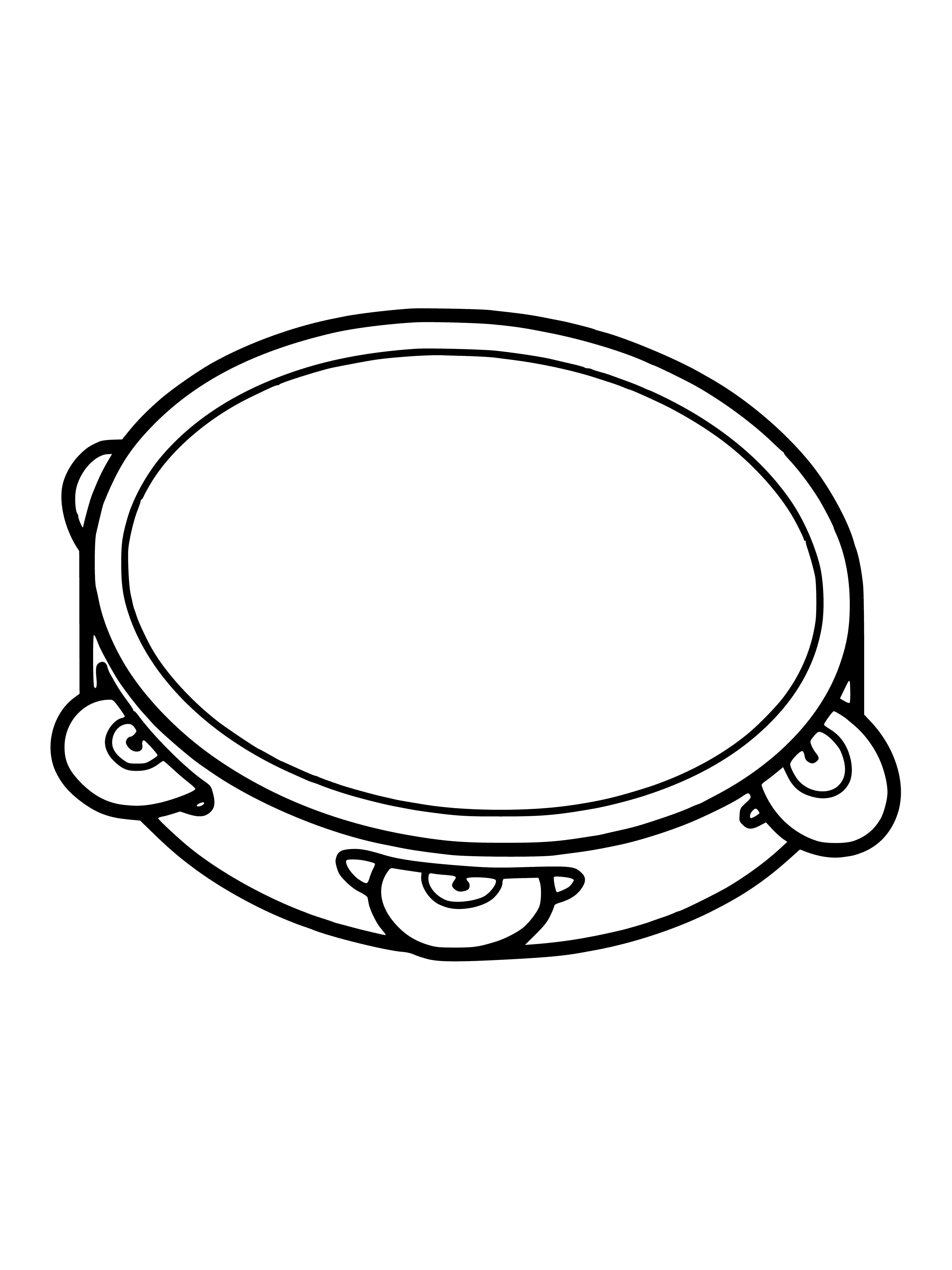 coloring page: Small percussion instrument with a circular frame and skin. Can be struck, plucked or strummed to make sound. #instrument #tambourine