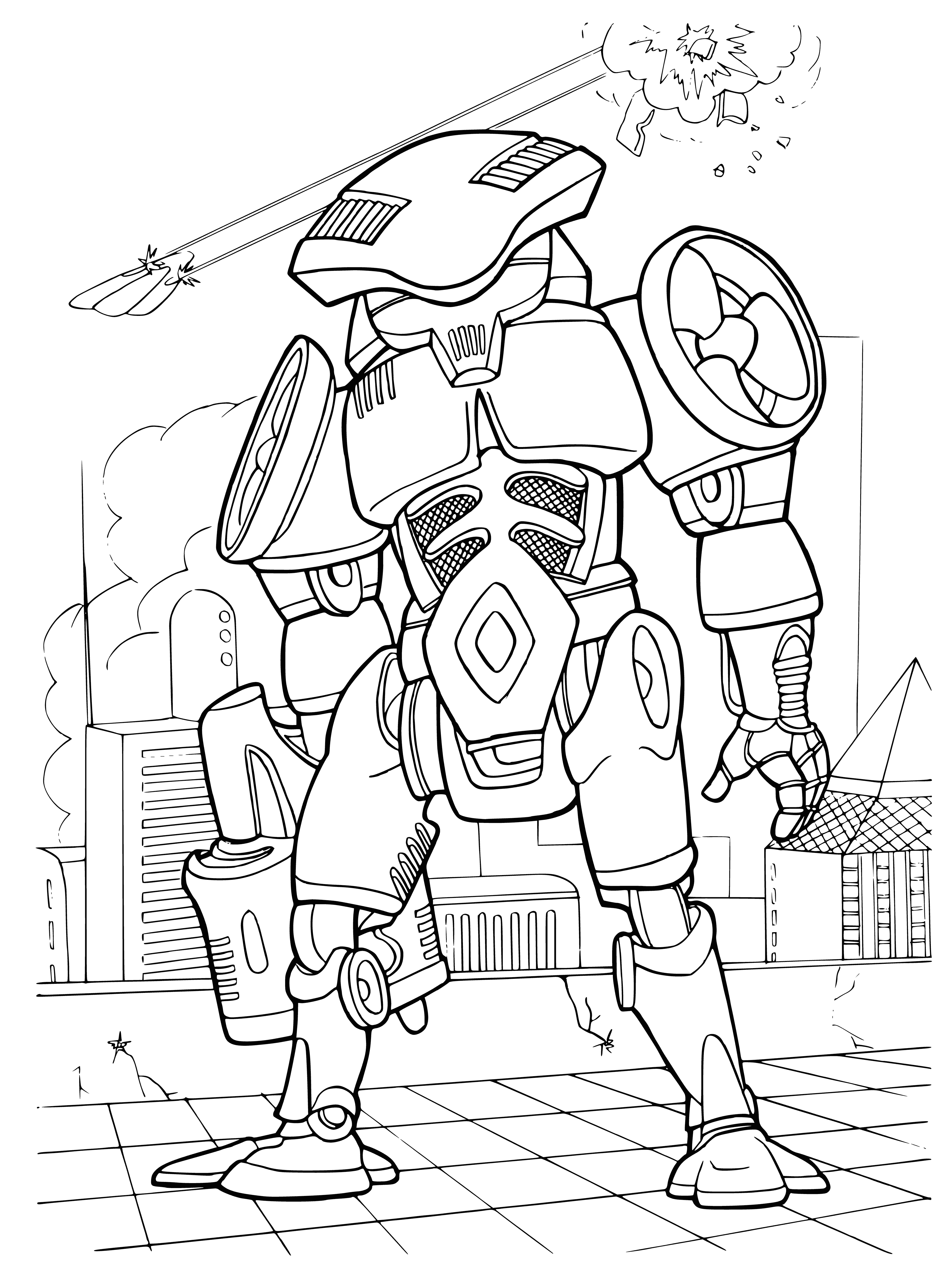 coloring page: Future wars fought by advanced cyborgs w/ near-invincible armor & weaponry capable of taking out armies alone.