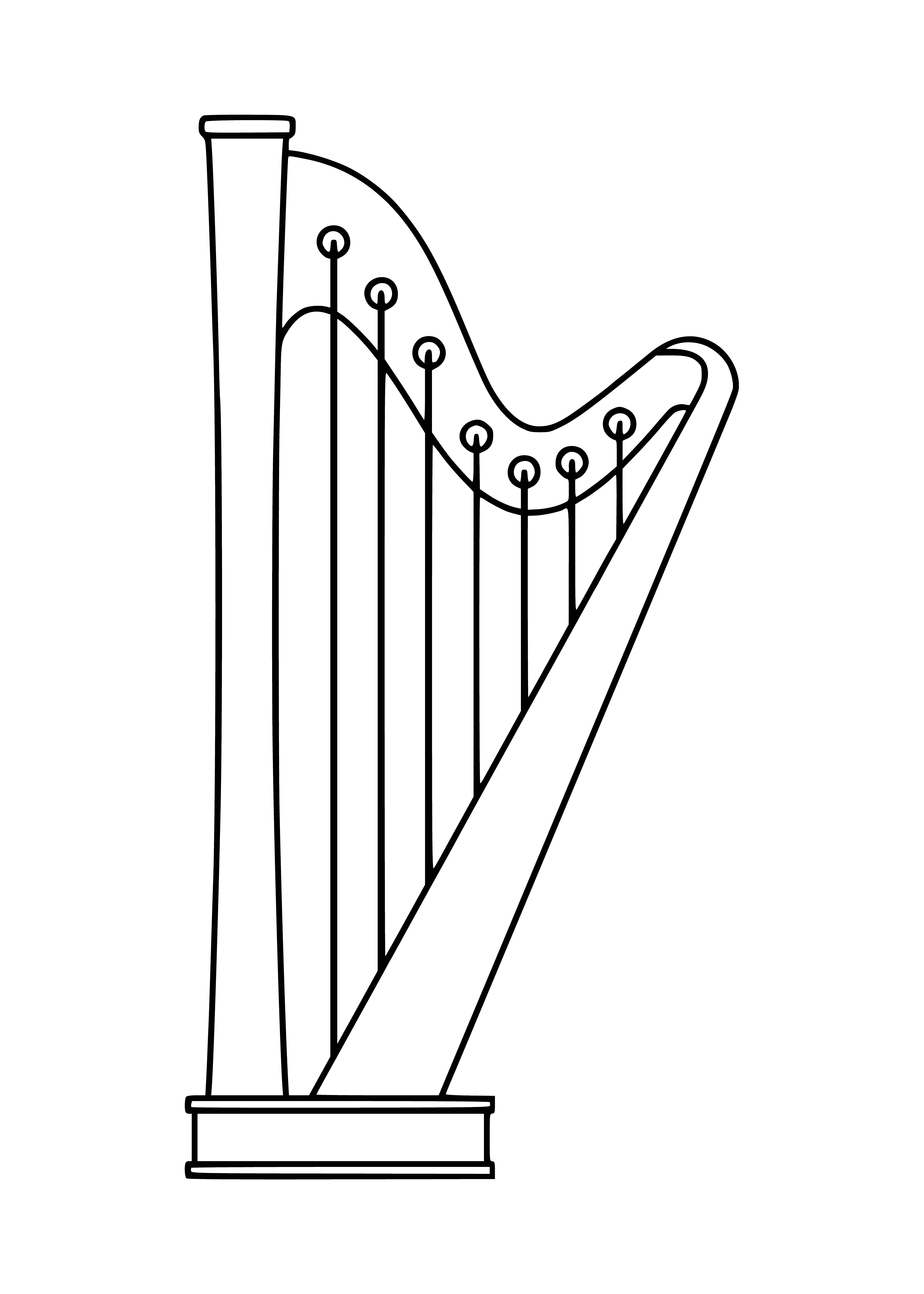coloring page: Stringed instrument with triangular frame & soundboard. Player plucks strings to produce sound.