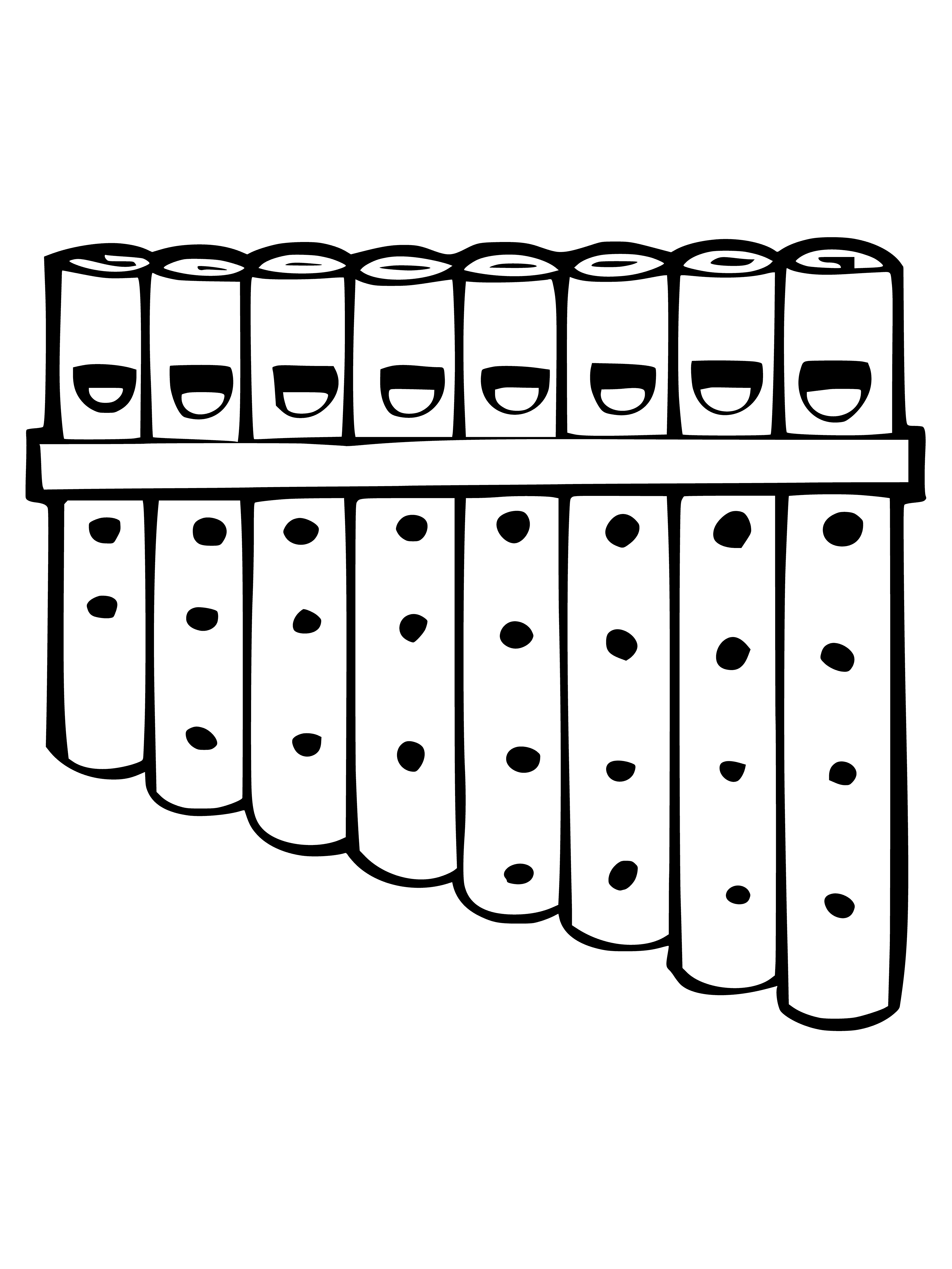 coloring page: Flute w/ 7 holes, curved shape, round opening--blown into side.