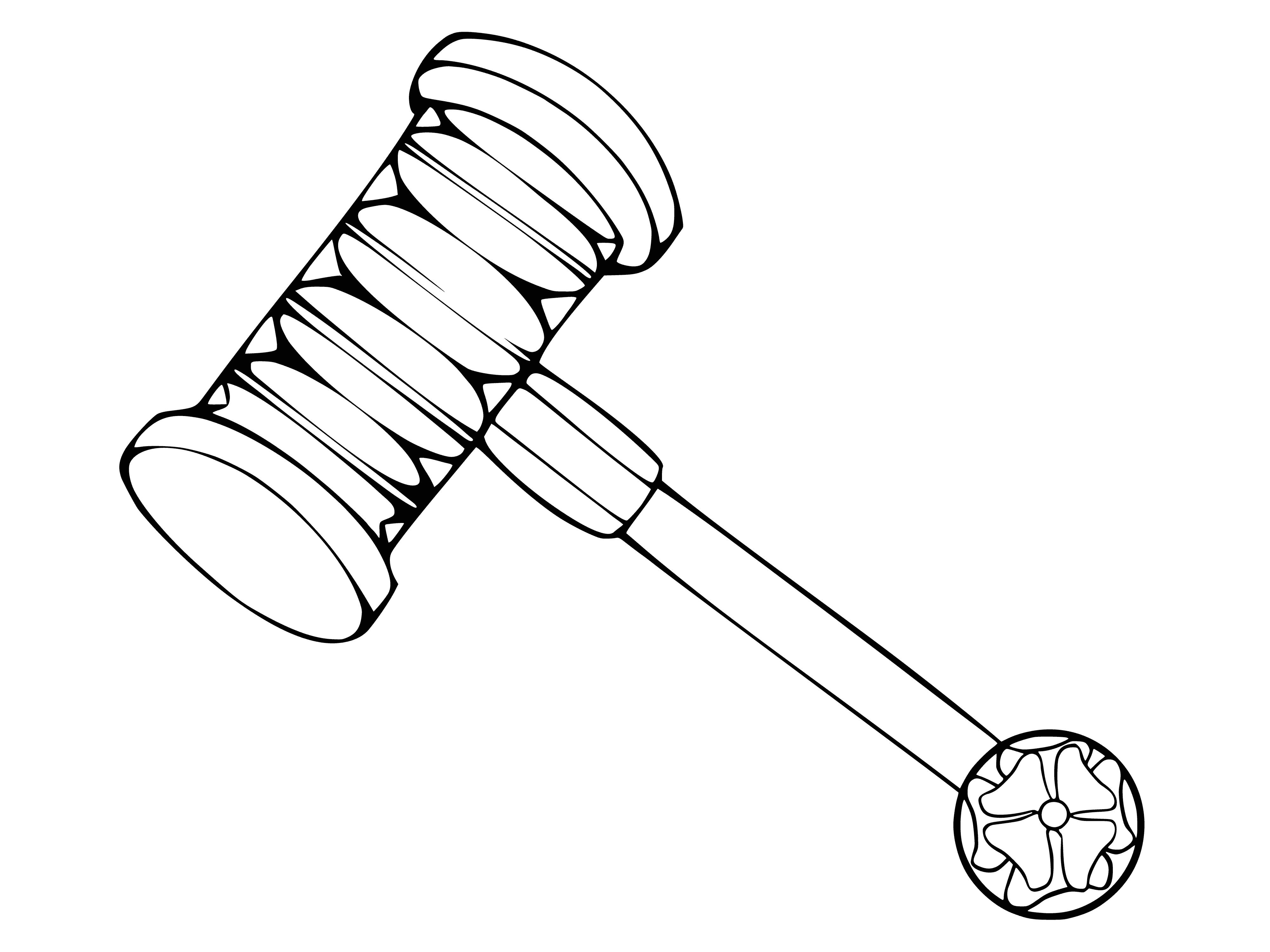 coloring page: A musical gavel made of wood with a black handle and silver head with designs, plus a band around middle.