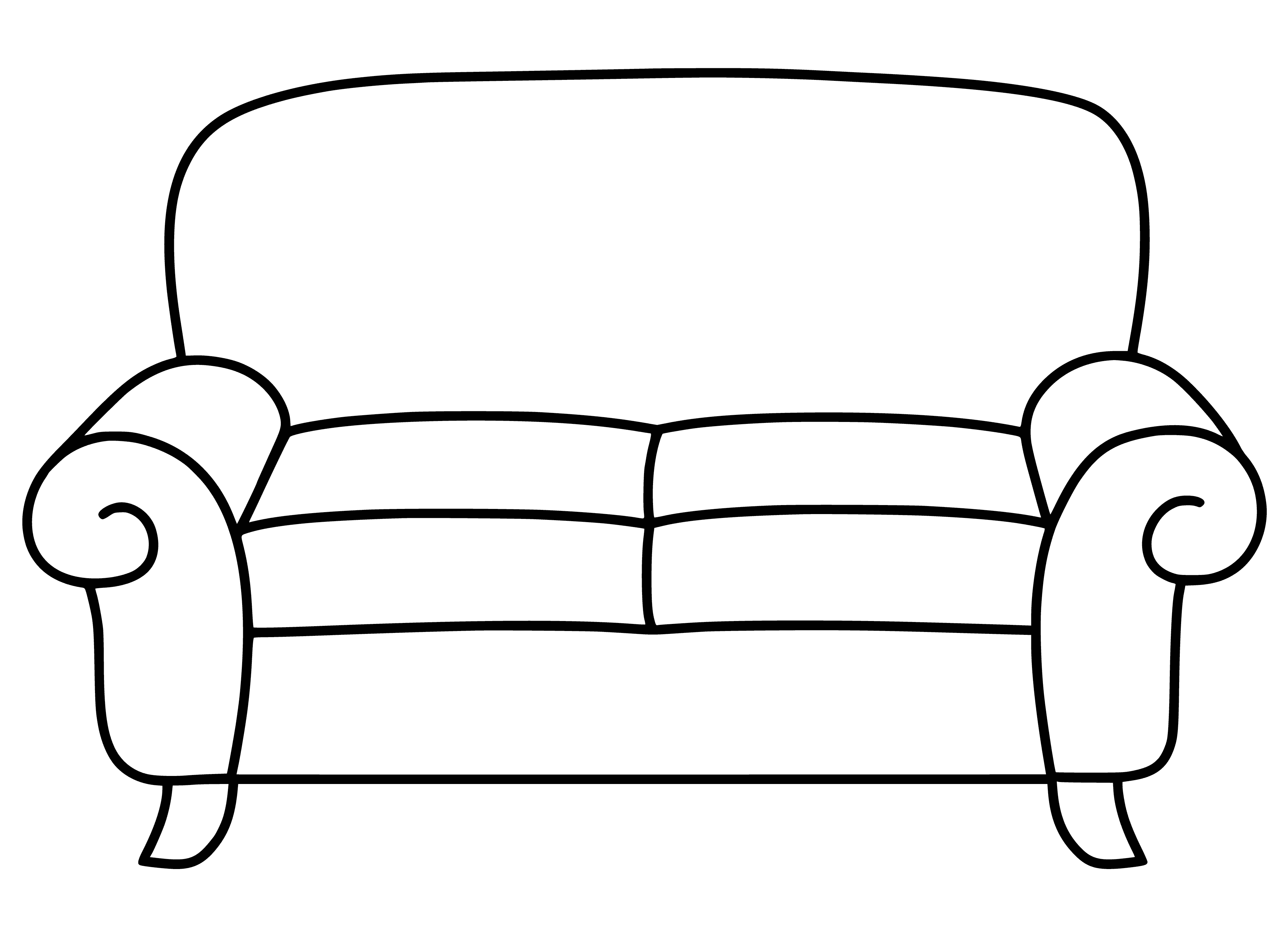coloring page: Coloring page of a sofa w/wood frame, 6 legs, and patterned fabric & 3 cushions. #adults #kids #art