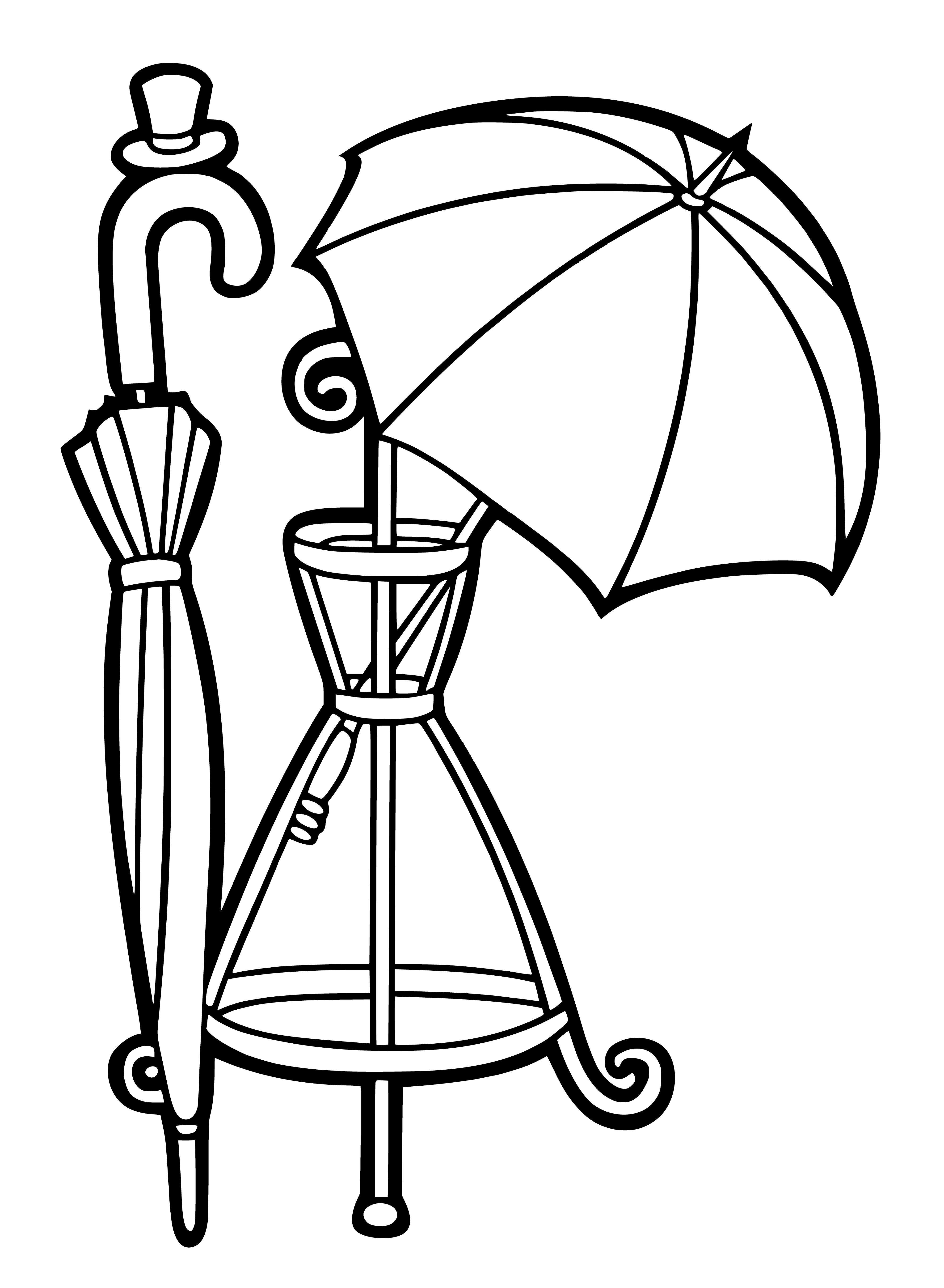 coloring page: Metal hanger for umbrellas with a curved hook, 4 slots w/ holes in base.