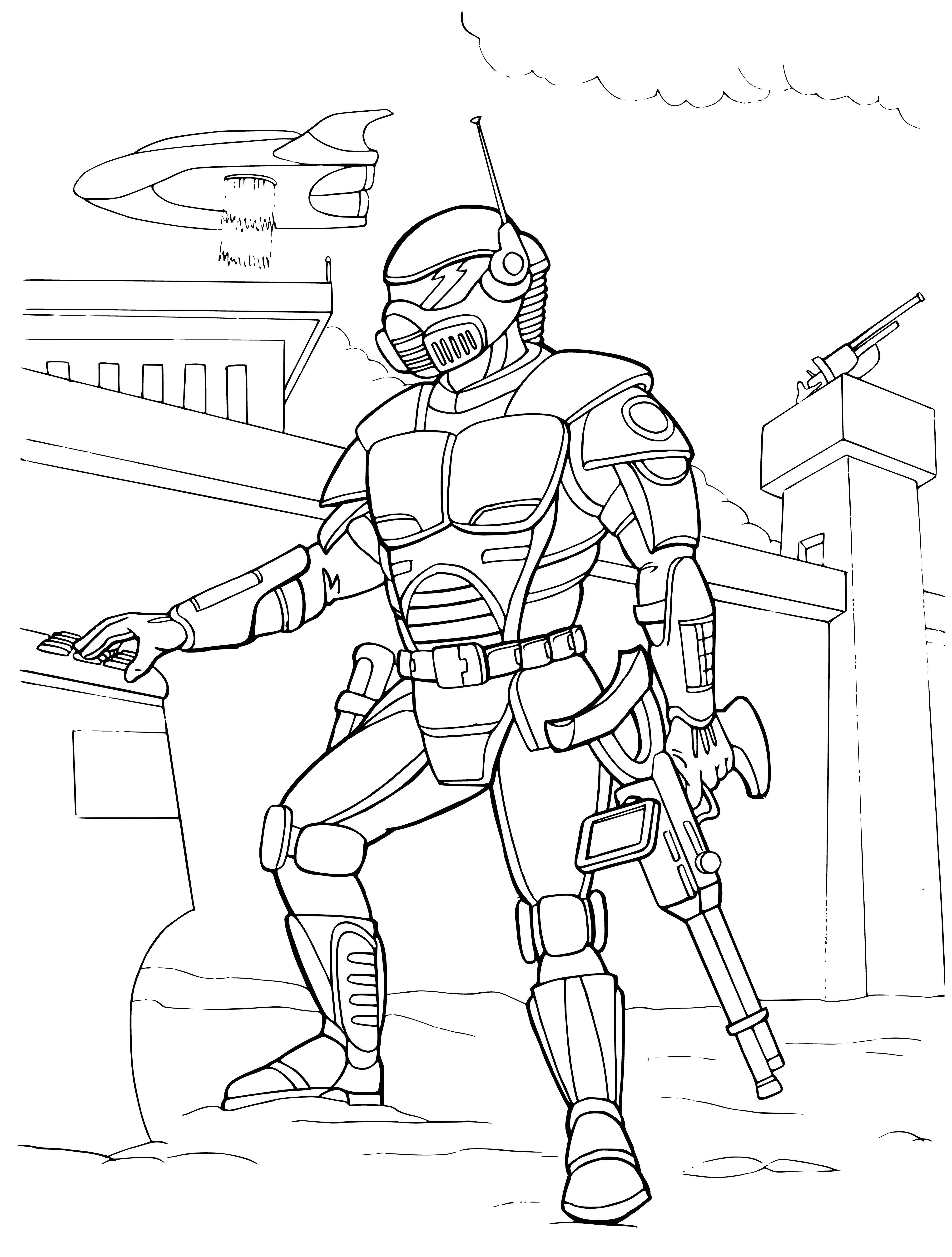 coloring page: Mercenary stands amidst ruin of battlefield, covered in blood, wielding sword. They continue to fight for profit from warfare's destruction.